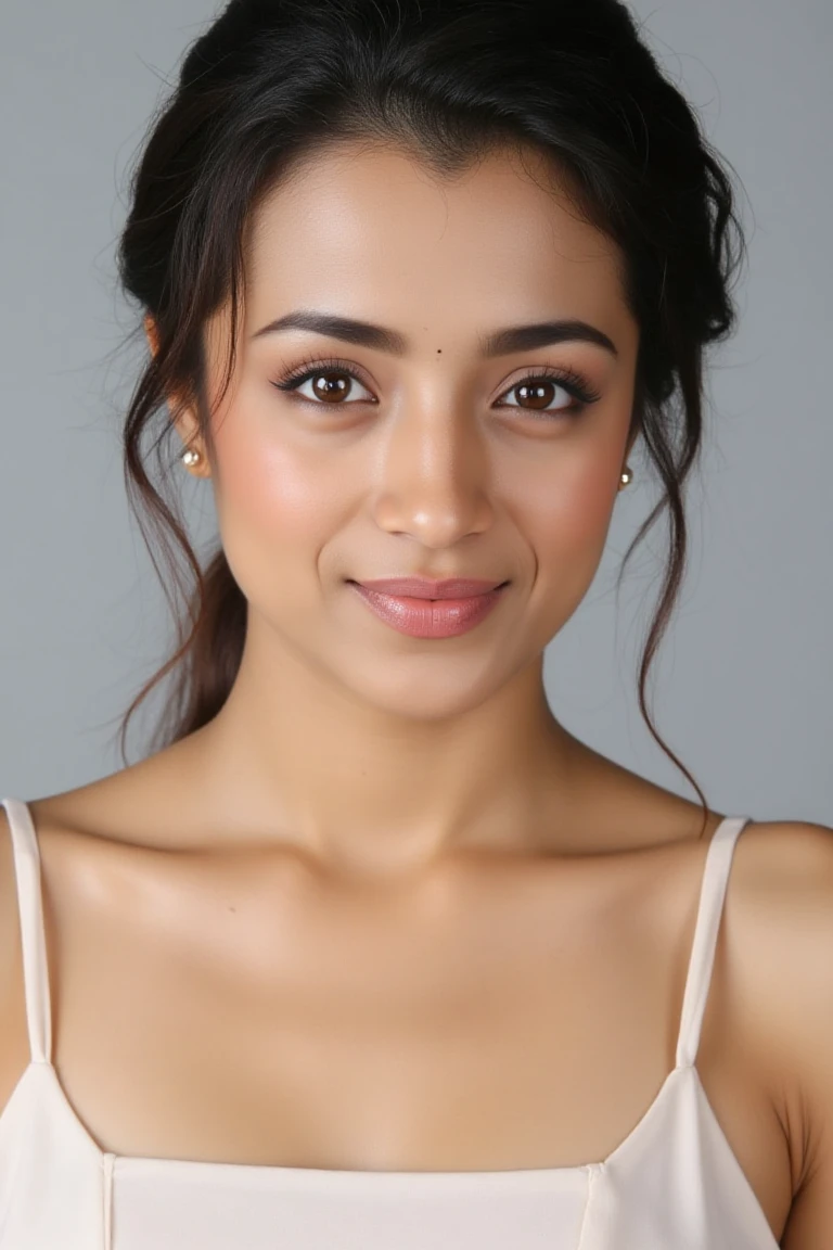 High quality realistic sharp beauty shot of trishahflx. A close-up shot of a woman. She is wearing a camisole blouse. Her lips are a light pink color. Her hair is pulled back. The backdrop is a light gray. She is giving a beautiful smile.