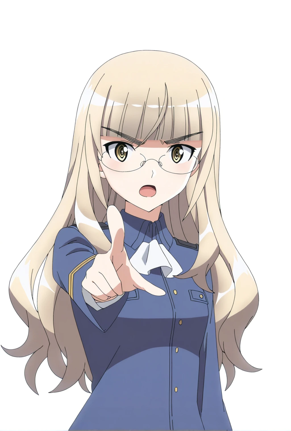 1girl, Perrine H. Clostermann, Strike Witches, RtBStyle, yellow eyes, yellow hair, glasses, simple background, white background, shock, anger, upper body, looking at viewer, pointing at viewer, <lora:rtb-epoch-000007:1>, (newest masterpiece best quality highres absurdres:1.0)