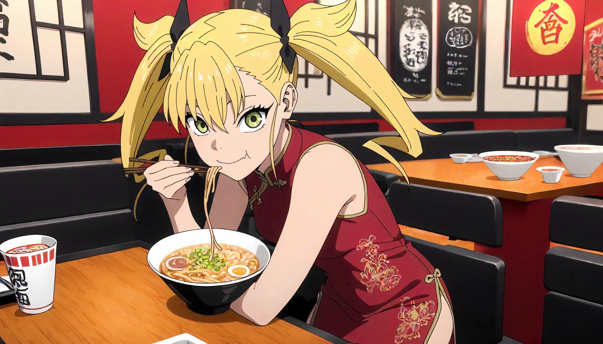 <lora:KN8_KikoruShinomiyaXLIllustrious001>,
masterpiece,best quality,good quality,newest,
detailed background,restaurant,
smile,
looking at viewer,
solo,
KikoruShinomiya,1girl,blonde hair,twintails,green eyes,
print_cheongsam,eating ramen,