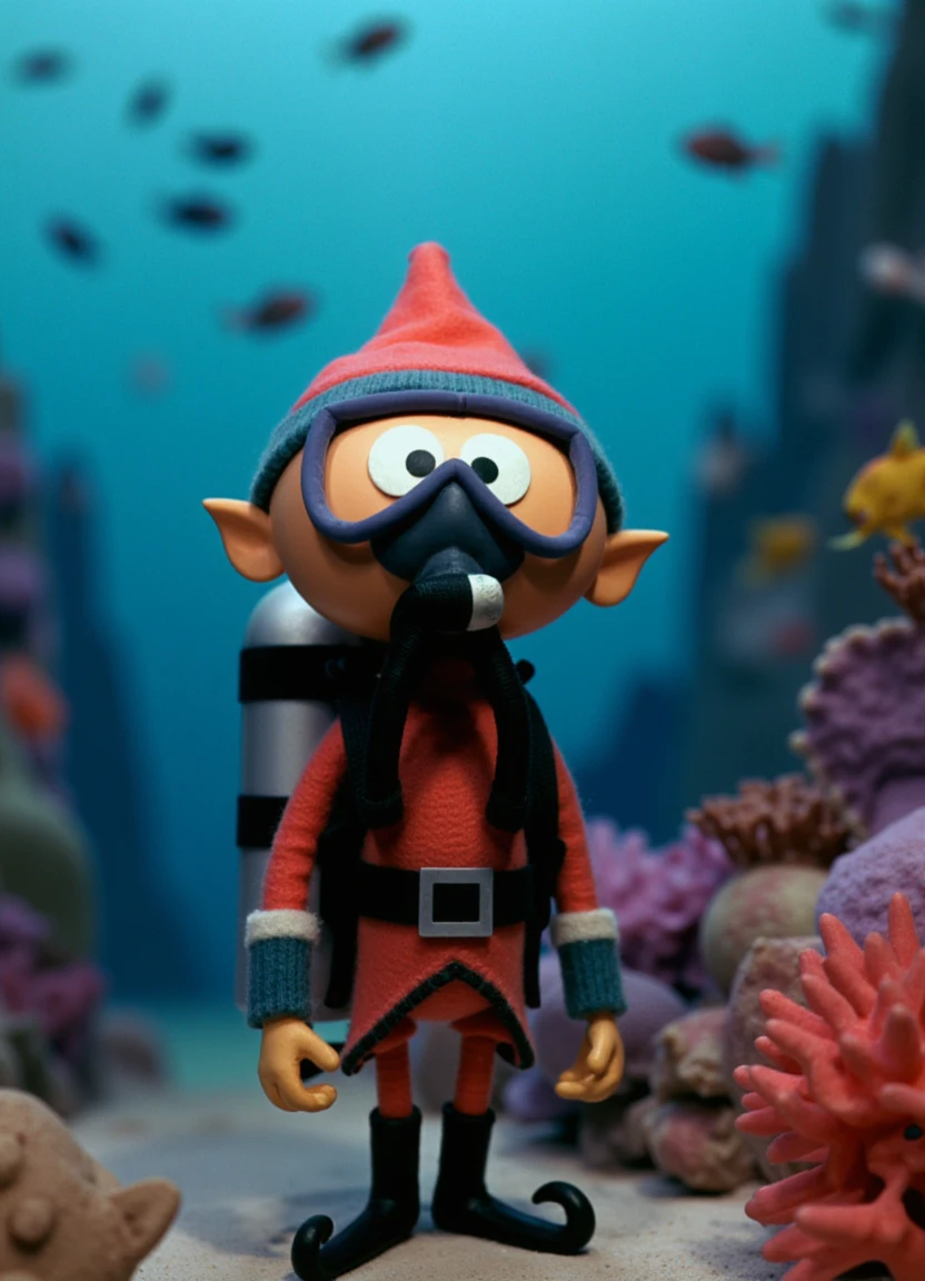 rud01ph, an elf, a fearless deep-sea diver marveling at marine life, eyes wide with wonder behind a mask, wearing a wetsuit and oxygen tank; behind him, vibrant coral reefs teeming with fish.