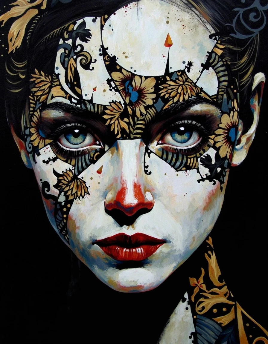 A modern abstract oil painting by Bruce Holwerda depicting an intense, close-up portrait of a woman's face, rendered as if her skin is made of fractured porcelain, meticulously adorned with symmetrical, surreal floral tattoos that blend organic and geometric forms, creating a dreamlike and hyperrealistic aesthetic. Her striking blue eyes, framed by meticulously drawn eyebrows, pierce through the fractured surface and the intricate, floral tattoo design, holding a captivating mix of vulnerability and resilience, reflecting the strange beauty of the surreal world. Her full, slightly parted lips, painted a deep, glossy red, add a touch of warmth and humanity to the fragmented, floral visage.
The surreal floral tattoos themselves are the focal point, composed of stylized flowers, fragmented petals, and geometric patterns that morph and intertwine, creating a mesmerizing and otherworldly visual tapestry across her face. They are rendered in a stark palette of black and gold, with the gold accents highlighting the intricate details and surreal nature of the floral designs. The overall effect is both hauntingly beautiful and deeply unsettling, a testament to the artist's ability to evoke complex emotions through the juxtaposition of fragility, intricate floral designs, surrealism, hyperrealism, black and gold accents, and the human form. The subtle lighting casts soft shadows and highlights that enhance the texture and depth of the fractured porcelain and the surreal floral tattoos, while the dark background allows the viewer's focus to remain solely on the woman's captivating, surreally adorned face. <lora:Bruce_Holwerda:0.85>