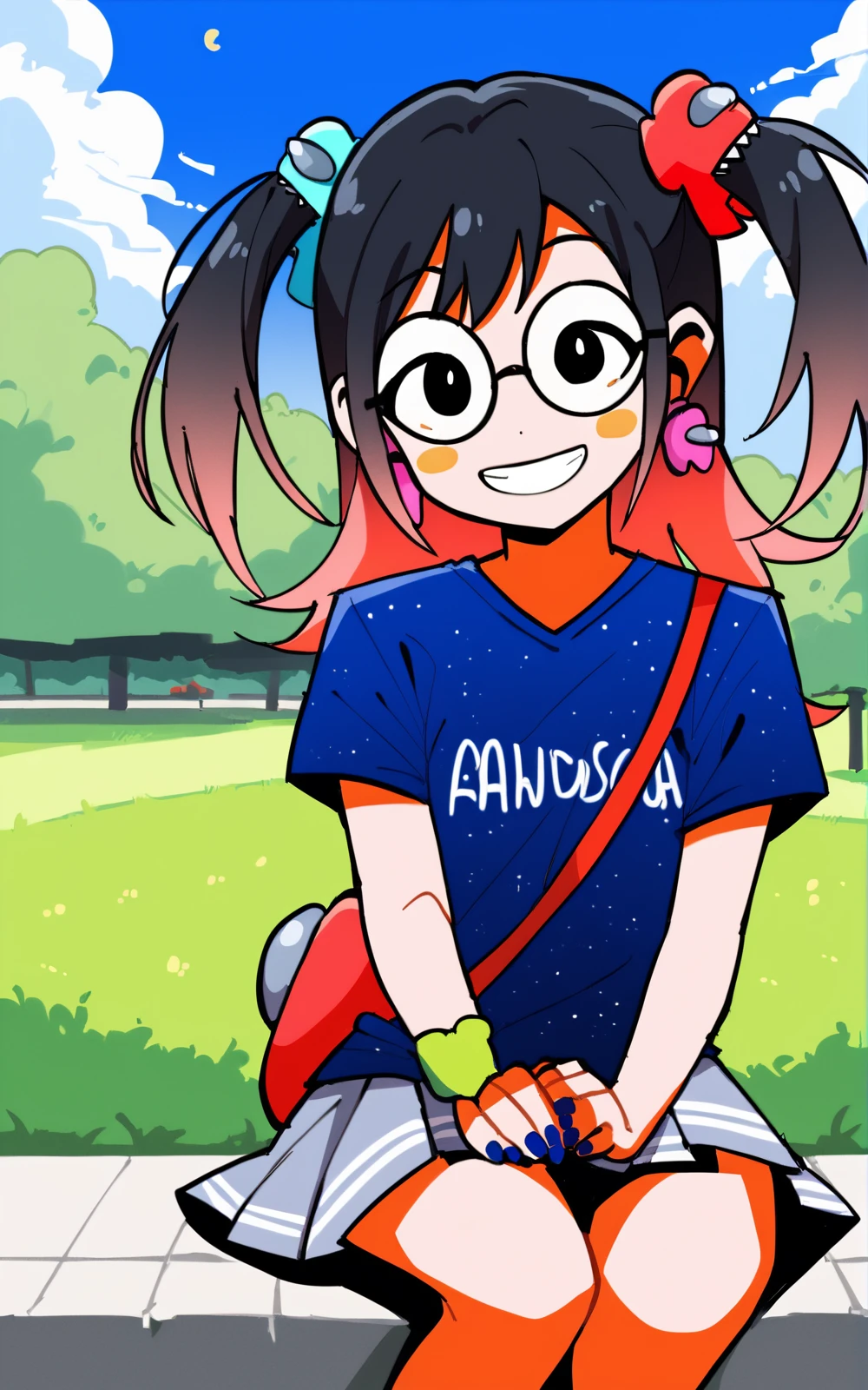 score_9, score_8_up, score_7_up,((best quality)), absurdres, <lora:BolivanteStyle:0.8>,  <lora:AUGPXL:0.8>,AUGPXL,skirt, glasses, black hair, multicolored hair, jewelry, blue shirt, earrings, short sleeves, twintails, gradient hair, bag, pleated skirt, shoulder bag, grey skirt, hair ornament, grin, black eyes, two-tone hair, blush stickers, blue nails, print shirt,looking at viewer,solo,park , waving, sun, clouds,sitting