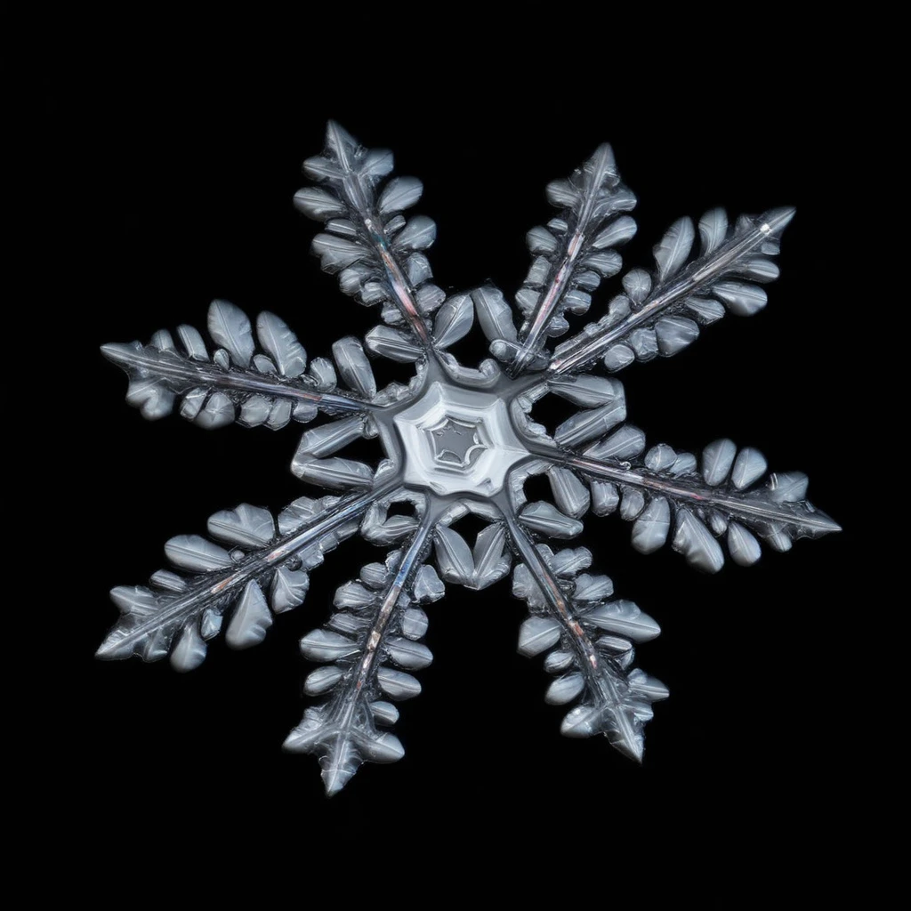 A closeup of a symmetrical snowflake against a black background