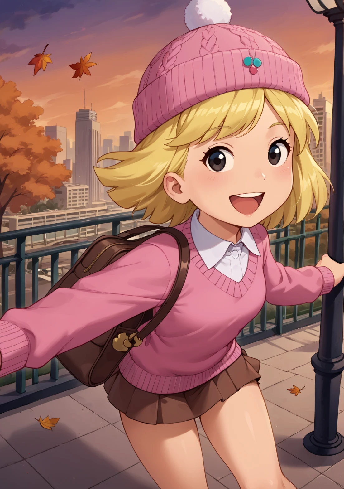 score_9, score_8_up, score_7_up, BREAK, masterpiece, highres, emilyelizabeth, blonde hair, short hair, smile, thighs, black eyes, pink shirt, long sleeves, white skin, pale skin, white collar, brown knit hat, cardigan sweater, white sweater, brown purse, mitten, brown skirt, city, skyscraper, bookstore, maple leaves, from above, open mouth, smile, swirling, dancing, looking at viewer, blue sky, park, autumn, close up, <lora:Emily_Elizabeth:1>