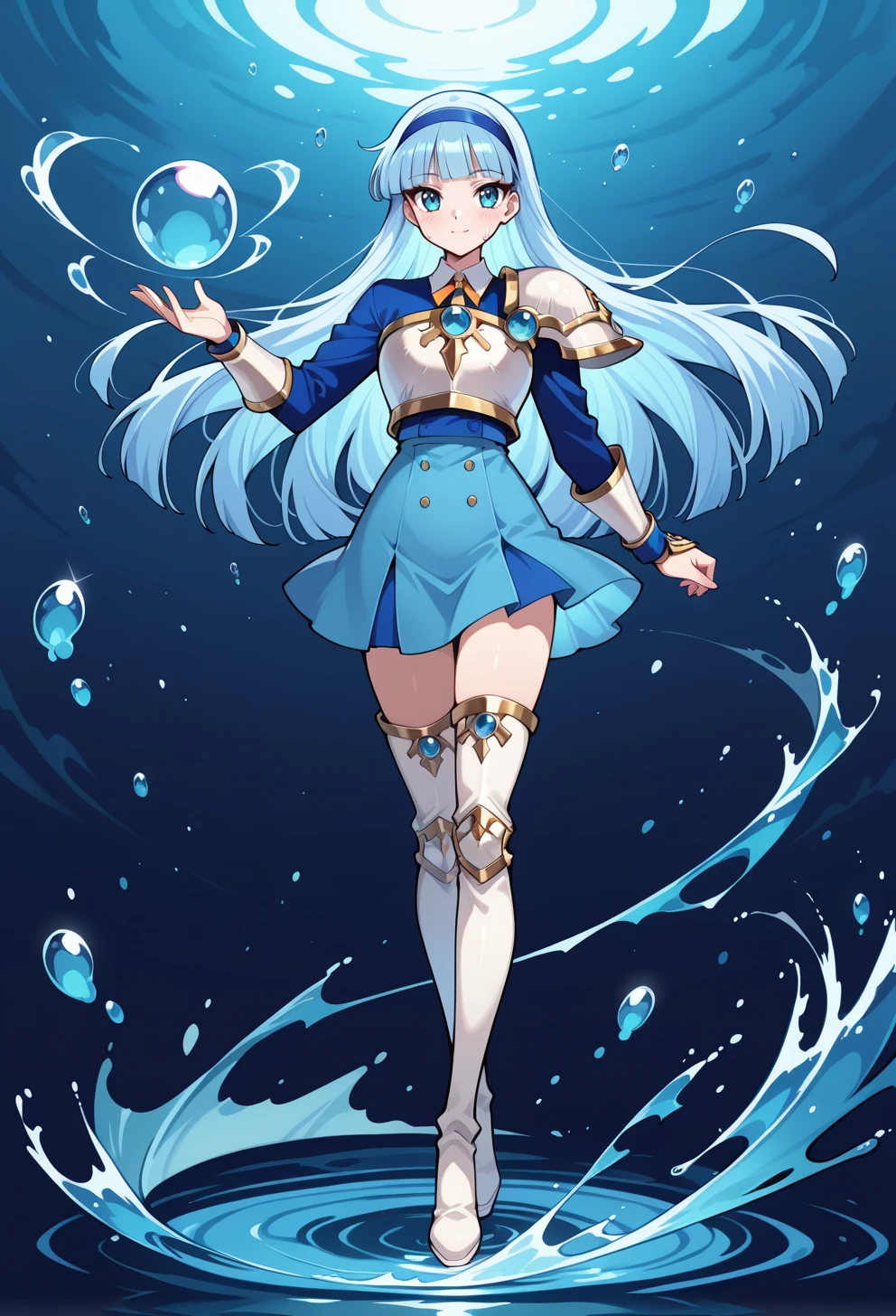 masterpiece, best quality, high quality, anime, solo, 
 <lora:AEUmiIlx:1>
standing, light smile,  water drop, hydrokinesis, 
AEUmiKnight, blue eyes, blue hair, blunt bangs, long hair, blue hairband, white breastplate, single shoulder pad, shoulder armor, blue skirt, thigh armor, white footwear, white thigh boots, zettai ryouiki, full body,