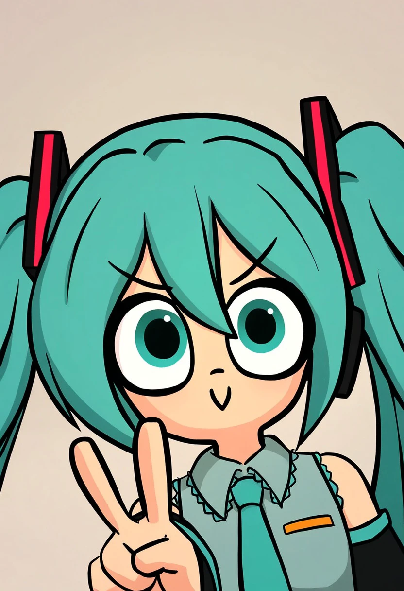 ongezellig, hatsune miku, 1girl, aqua eyes, c:, looking at viewer, v,