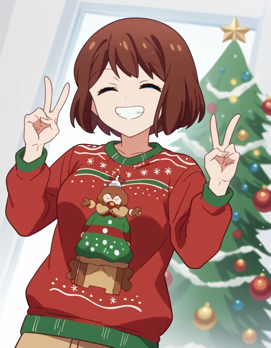 score_9, score_8_up, score_7_up, source_anime, <lora:saki-kanda-s1-ponyxl-lora-nochekaiser:1>, saki kanda, short hair, bangs, blue eyes, brown hair, medium breasts, anime screencap, <lora:christmas-sweater-ponyxl-lora-nochekaiser:1>, christmas sweater, christmas, ugly sweater, print sweater, red sweater, christmas tree, christmas ornaments, sweater, multicolored sweater, , v, smile, hands up, teeth, closed eyes, cowboy shot,, , dutch angle, cowboy shot