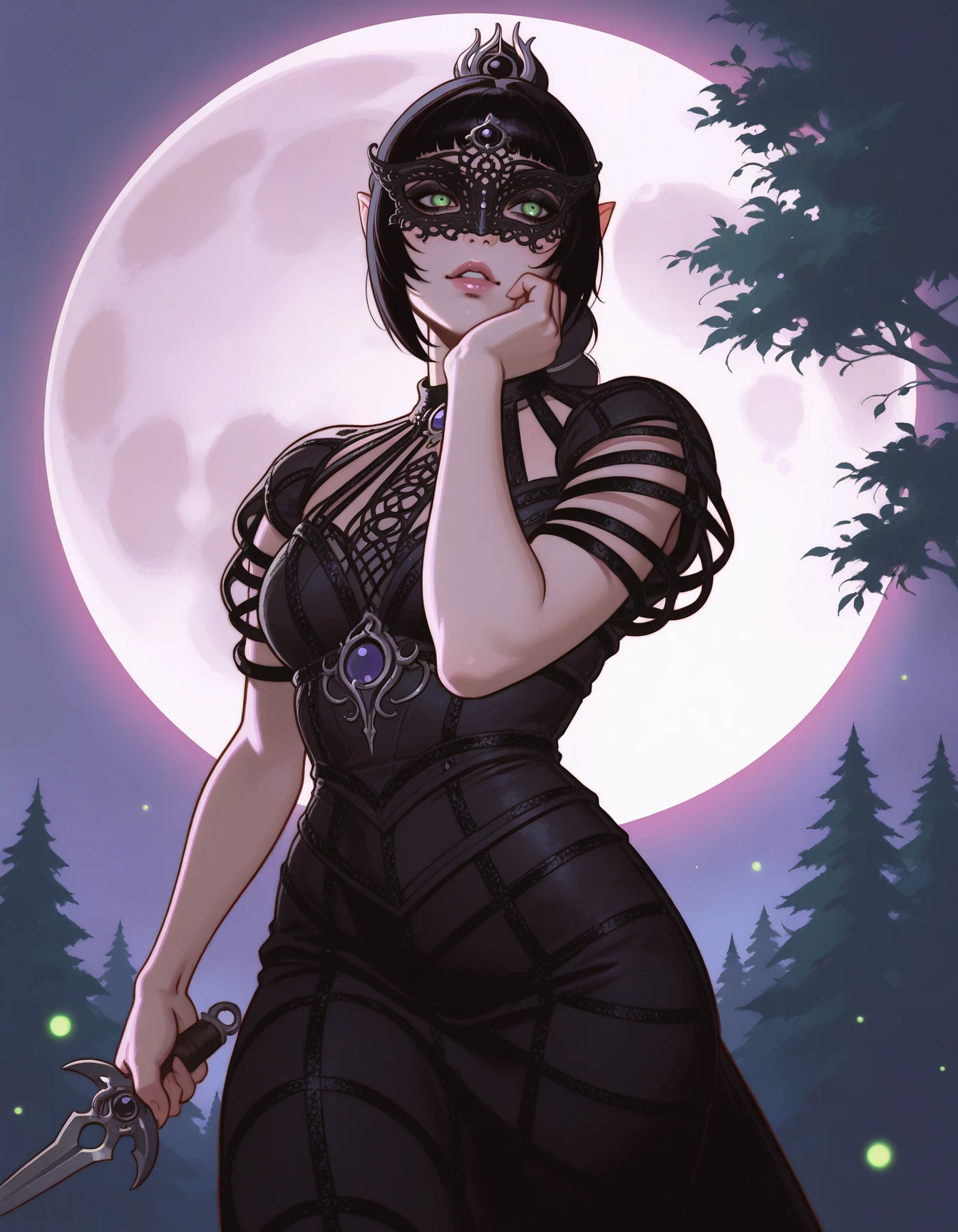 ilya kuvshinov,  shadowheart \(baldur's gate\),  1girl, solo,  mature female, green eyes, black dress, puffy short sleeves, masquerade mask, dr3ss,  eyeliner, cowboy shot, outdoors, fireflies, moonlit full moon forest, yandere trance,  <lora:Outfit_soph-YenneferGown-ILXL42:0.9>, holding dagger, action shot, pose