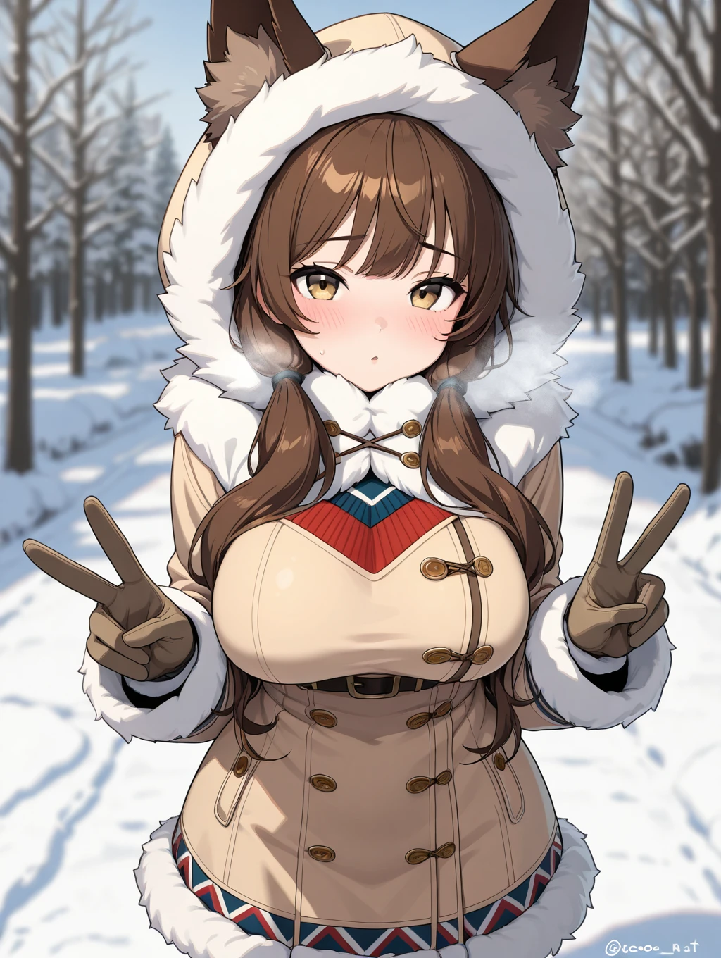 coco, 1girl, solo, long hair, looking at viewer, blush, large breasts, brown hair, gloves, animal ears, twintails, brown eyes, yellow eyes, hood, twitter username, coat, fur trim, v, breath, winter clothes


masterpiece, best quality,amazing quality, very aesthetic, absurdres, depth of field, blurry background, extremely detailed face, detailed eyes