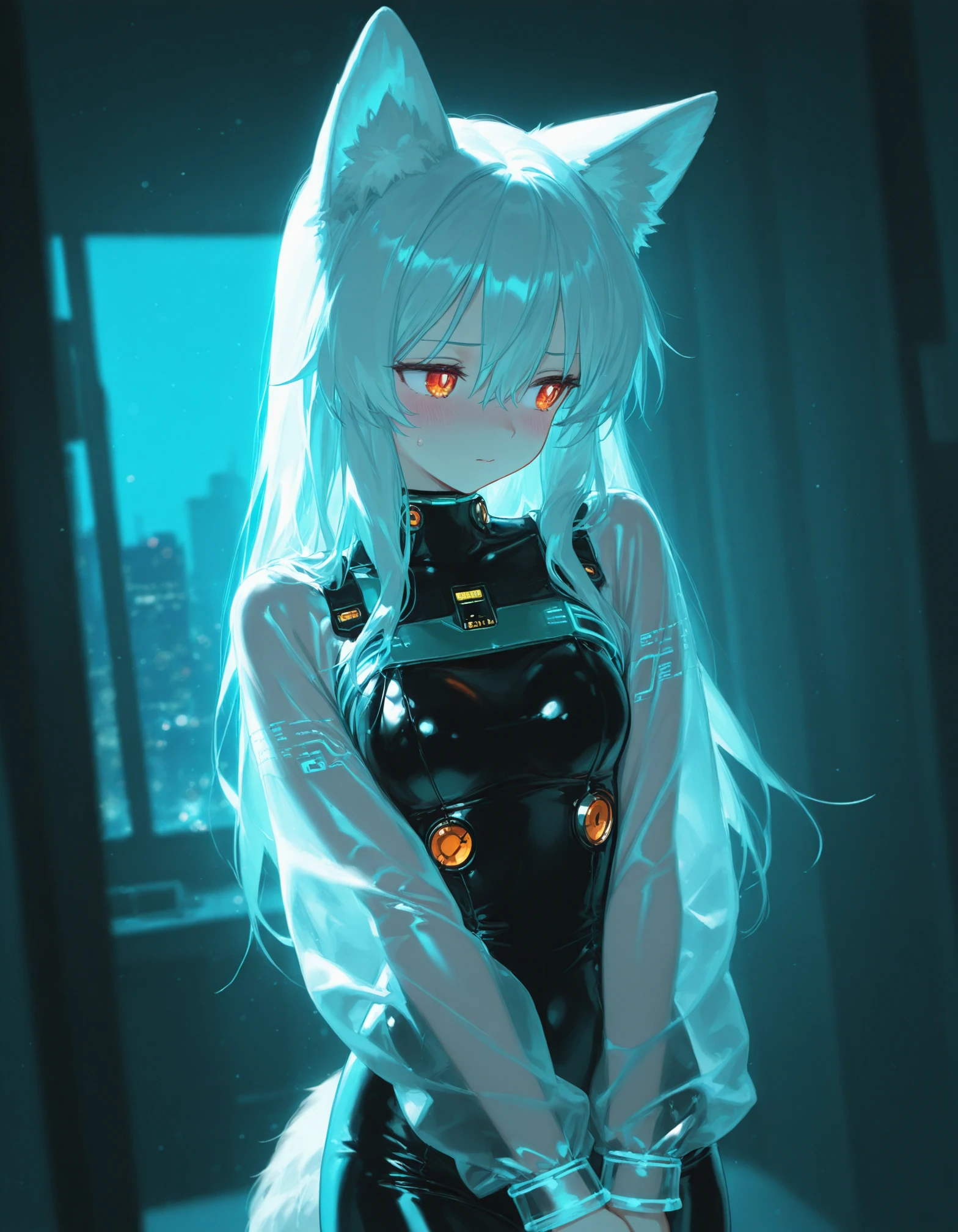masterpiece, best quality, good quality,
teal theme, vibrant mood, anime, blushing, animal ears, solo, embarrassed, blurry background, depth of field, frosted_glass, silhouette skyline, [bokeh], 1girl, solo, high quality detailed long hair, white hair, long hair, fluffy (fox ears), hair between eyes, red-orange eyes, see-through sleeves, soft [realistic] texture, sideways_glance, dynamic angle, looking to the side, blurry background, black (digital technological neon circuit bodysuit), best quality, amazing quality, very aesthetic, absurdres, high quality, hd, 8k, high octane render, pixel density, night, special emitting [glow eyes], dimly lit room,
best quality, high resolution, cinematic screencap