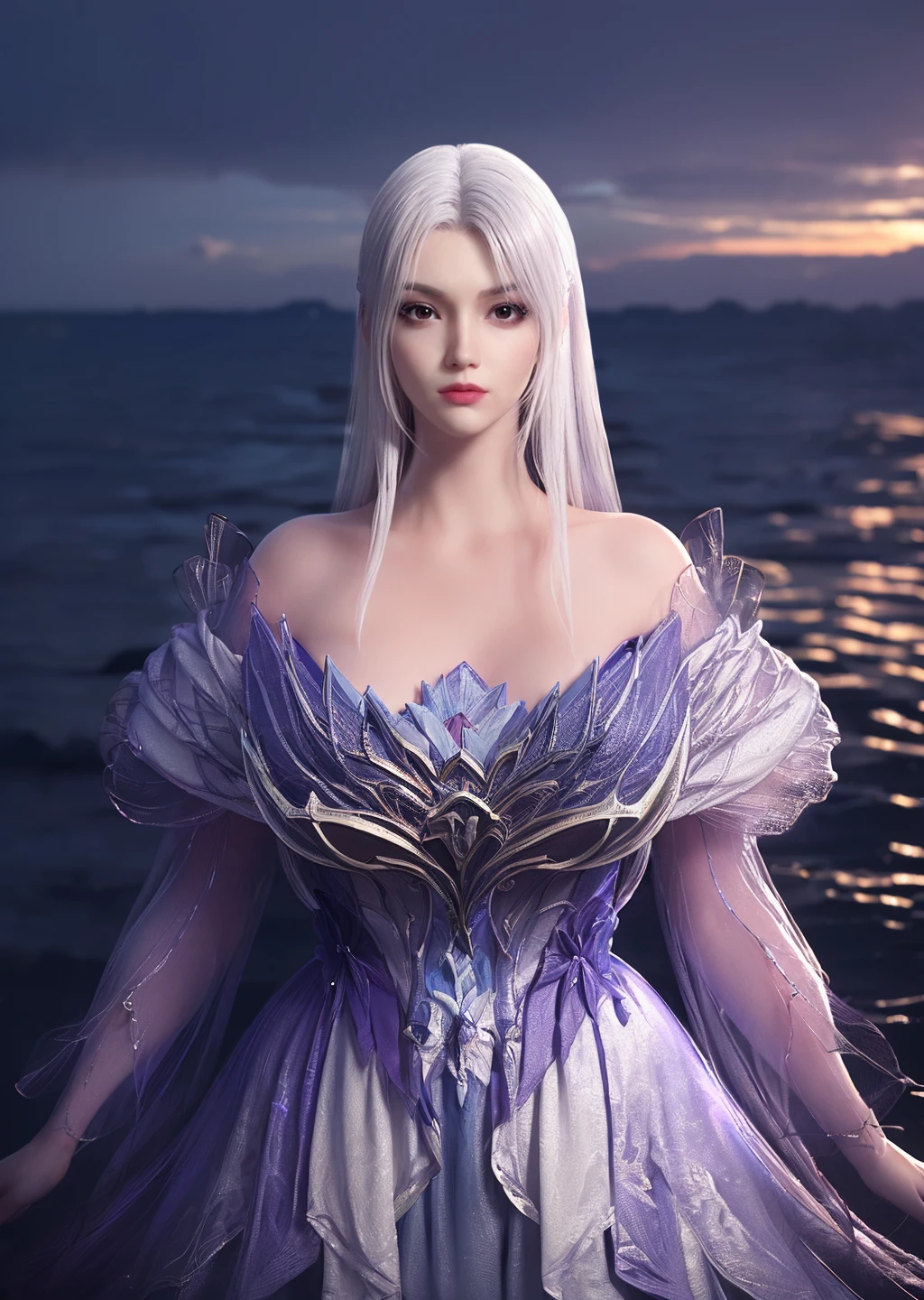 1girl,solo,white hair,makeup,lipstick,((gigantic breasts:1.3)),dress,(arms behind back),((looking at viewer)),outdoors,blue ocean,(night sky),scenery,fantasy,(from below),depth of field,Highly detailed,(ultra-detailed),(best quality:1.5,masterpiece:1.5),<lora:xiaoyixian-000010:0.85>,<lora:æè£å¢å:-1>,