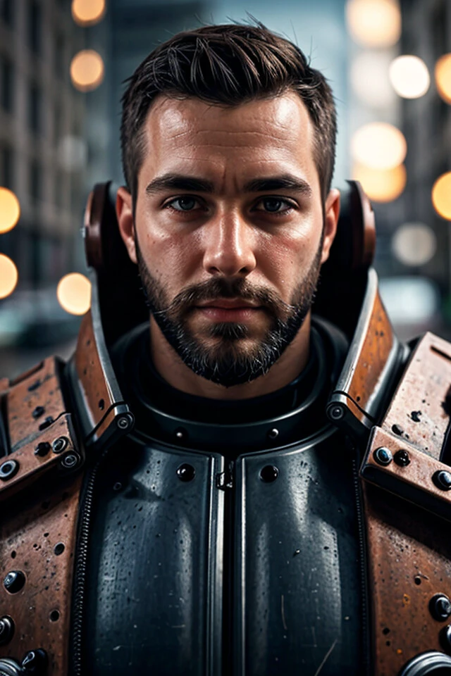 close up Portrait photo of muscular bearded guy in a worn mech suit, ((light bokeh)), intricate, (steel metal [rust]), elegant, sharp focus, photo by greg rutkowski, soft lighting, vibrant colors, masterpiece, ((streets)), detailed face