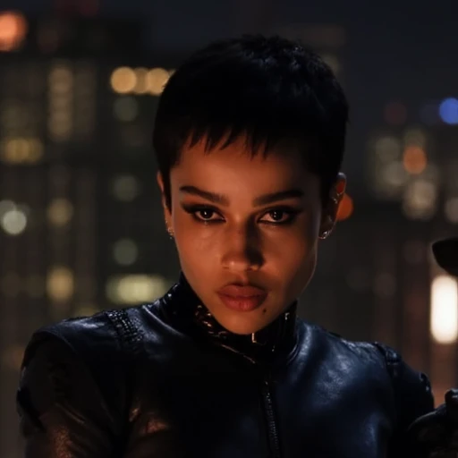 defined facial features. Her makeup is bold, smooth skin tone. She is dressed in a striking black latex outfit, enhancing the mysterious and intimidating atmosphere. Her skin tone appears light, cityscape background with lit-up buildings, dramatic photograph of a young woman with a short, almond-shaped eyes accentuated with subtle, pixie-cut hairstyle and a light brown complexion, zippers