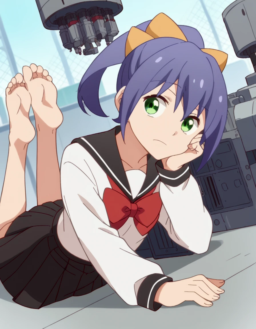 score_9, score_8_up, score_7_up, source_anime, <lora:ayane-matsuura-s1-ponyxl-lora-nochekaiser:1>, ayane matsuura, bow, green eyes, ponytail, purple hair, hair bow, anime screencap, skirt, school uniform, serafuku, black skirt, pleated skirt, red bowtie, black sailor collar, white shirt,, industrial, machinery, metal, large, factory, , <lora:the-pose-ponyxl-lora-nochekaiser:1>, the pose, on stomach, feet up, lying, soles, feet, legs up, head rest, barefoot, looking at viewer, solo,, dutch angle, cowboy shot