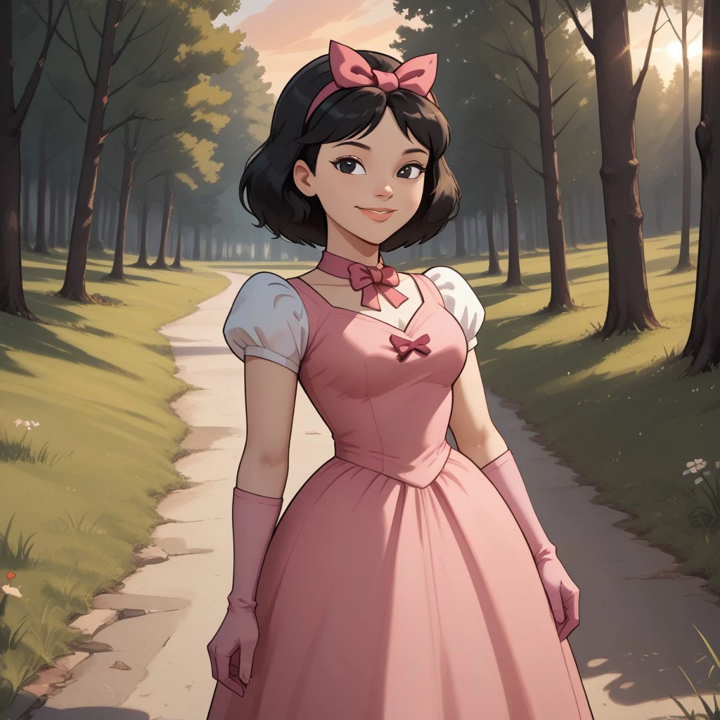 score_9, score_8, BREAK, solo, total drama, 1girl, black hair, pink hair bow, black eyes, lips, pink neck band, pink short dress, light pink gloves, pink footwear, Ella_(Total_Drama), tdpi, cute, sexy pose, self portrait, smile, outdoors, sunlight, shadows, evening lighting, natural lighting, forest, trees, grass, orange sky, sunset