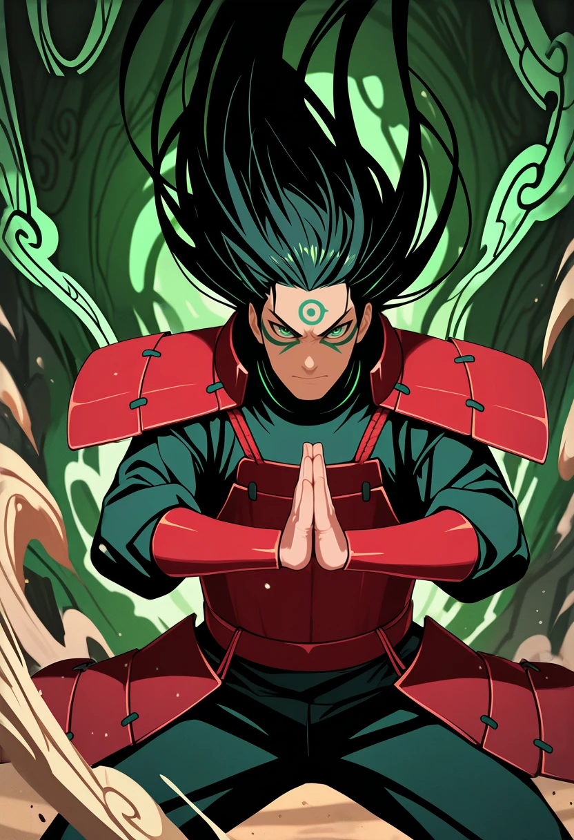 masterpiece, best quality, vibrant, very aesthetic, high contrast, 1boy, <lora:Hashirama_Senju_ILLU:0.8> hsrm_sage, facial mark, long hair, upper body, fighting stance, japanese armor, nature magic, element bending, dust aura, floating rocks, sand aura, vines, geomancy, , masterwork, raytracing, highly detailed, absurdres, masterful composition, cinematic lighting, rim lighting