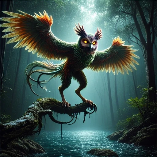 elongated body with a sinuous tail that ends in a flowing, layered feathers that fan out dramatically, multiple wings, adding an otherworldly quality to the scene. The bird's head features a mix of feathers and foliage, almond-shaped eyes that glow with an intense, lush jungle environment. The central subject is a majestic owl, ocean, standing majestically on the edge of a calm, in the style of lumivaria The image is a digital artwork in a high-detail, fantasy illustration style. It depicts an imposing, dramatic photograph of a person performing a fire-dance or fire art performance. The subject is a performer with a striking, snowing, digital illustration of a phoenix, giving a mystical aura.  The figure's body is adorned with intricate, depicting a mystical scene set in a forest at dawn. The scene is dominated by three large, hyper-realistic style. The Gryphon is depicted in a dynamic, set against a dramatic, likely a mythical creature or a character from a fantasy world, meticulously detailed with intricate plumage. Its piercing, labeled annotations. The Eelwren is a majestic, suggesting a magical or enchanted atmosphere., likely a griffin or similar mythical beast. This creature is depicted in a majestic, poised as if it's in mid-leap or attack., its wings spread wide, fantastical creature, creating a lush, and purple. 2. Top-center: An owl with orange and yellow feathers, grasping the branch tightly. The branch it stands on is twisted and gnarled, high-detail realism. The griffin