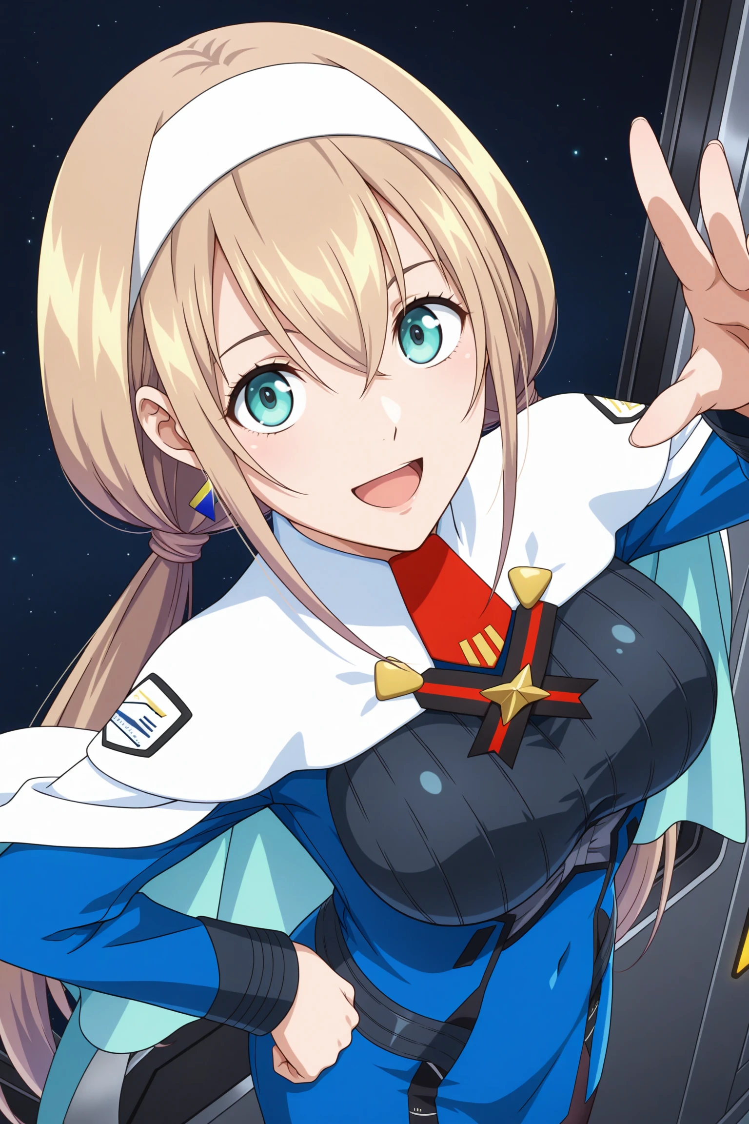 masterpiece, best quality, amazing quality, highres, absurdres, very aesthetic, high resolution, ultra detailed, perfect details, 1girl, solo, science fiction, space, spacecraft, indoors, medium breasts, mitsuba greyvalley, blonde hair, long hair, low twintails, white hairband, blue eyes, single earrings, military uniform, blue dress, long sleeves, white capelet, short necktie, framed breasts, black pantyhose, white footwear, boots, <lora:Mitsuba_Greyvalley_ILXL:0.8>, (aged up:1.5), (cowbot shot:1.5), (pose:1.2), smile, looking at viewer, (anime coloring:1.5), (anime screencap:1.5), open mouth, from above, from side