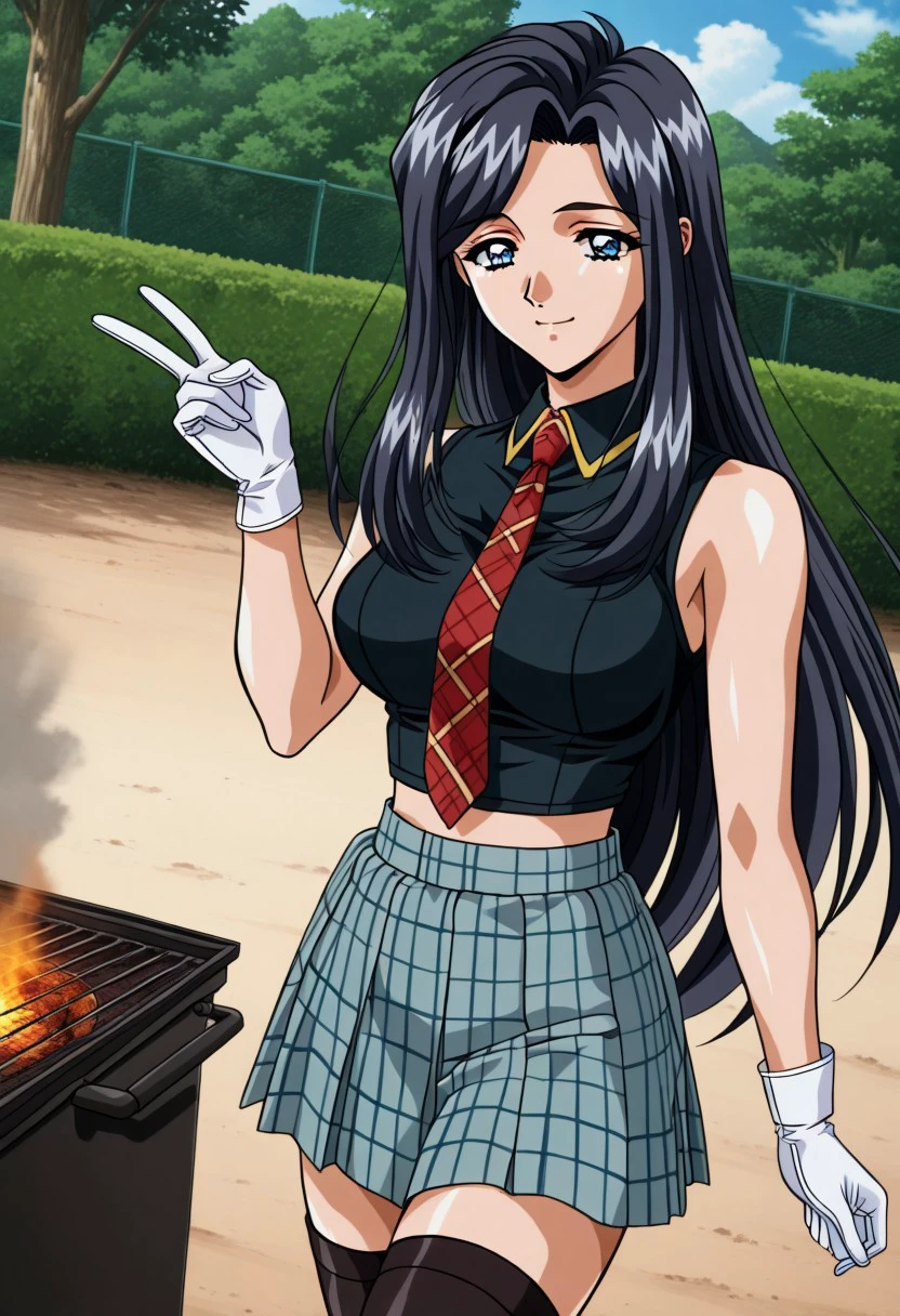 masterpiece, best quality, newest, highres, uncensored, 1girl, yokota mamoru style,1girl,
Nami Koihime OVA, long hair, black hair, forehead,blue eyes, large breasts, 1990s (style)
, skirt, thighhighs, gloves, bare shoulders, necktie, sleeveless, midriff, black thighhighs, zettai ryouiki, black shirt, collar, red necktie, plaid, plaid necktie, plaid skirt, pleated skirt, grey skirt,, backyard, barbecue, grilling, laughter, summer evening, , , v, smile, solo,, cowboy shot, dutch angle