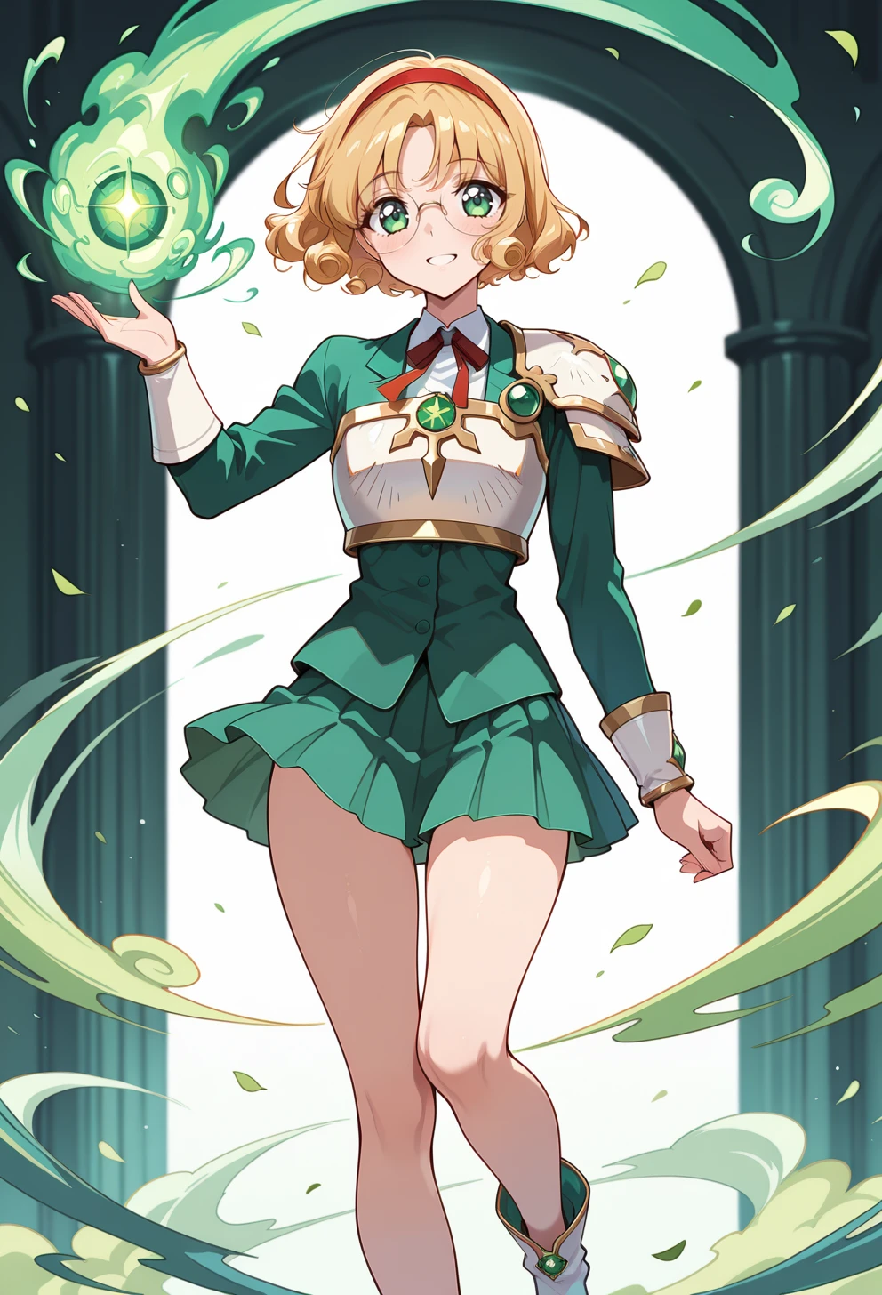 masterpiece, best quality, high quality, anime, solo,  <lora:AEFuuillx:1>
AEFuuKnight, green eyes, curly hair, parted bangs, short hair, glasses, rimless eyewear, round eyewear, red hairband, breastplate, shoulder armor, green skirt, miniskirt, pleated skirt, ankle boots, white footwear,
standing, smile, wind, green energy, green magic, watson cross, hand up, full