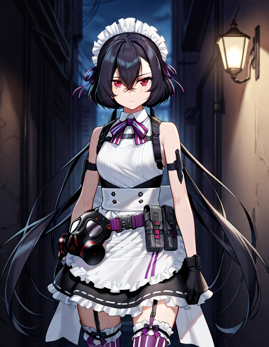 masterpiece, best quality, highly aesthetic, absurdres,  1girl, lilycs, tactical maid, sleeveless dress, collared shirt, chest harness, utility belt, purple ribbon, neck ribbon, bare shoulders, black gloves, maid headdress, knife sheath, garter straps, vertical-striped thighhighs, frilled thighhighs, pouch, unworn gas mask, red eyes, black hair, long hair, bob cut, crossed bangs, low twintails, small breasts, serious, looking at viewer,  cowboy shot, standing,  night, alley, lamp  <lora:lilycs-il-v1:1>