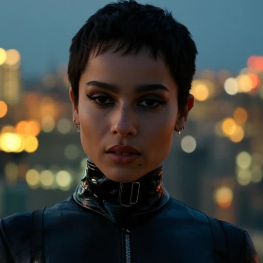 defined facial features. Her makeup is bold, smooth skin tone. She is dressed in a striking black latex outfit, enhancing the mysterious and intimidating atmosphere. Her skin tone appears light, cityscape background with lit-up buildings, dramatic photograph of a young woman with a short, almond-shaped eyes accentuated with subtle, pixie-cut hairstyle and a light brown complexion, zippers