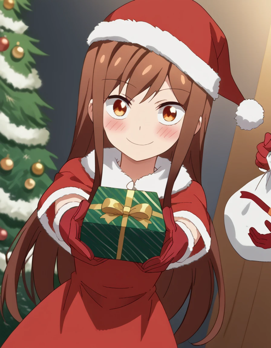 score_9, score_8_up, score_7_up, source_anime, <lora:kana-ijima-s1-ponyxl-lora-nochekaiser:1>, kana ijima, long hair, brown hair, brown eyes, medium breasts, anime screencap, <lora:santa-costume-ponyxl-lora-nochekaiser:1>, santa costume, santa hat, christmas, sack, merry christmas, gift, fur-trimmed headwear, holding sack, santa dress, fur-trimmed dress, christmas tree, christmas tree, fur trim, red capelet, gift box, red gloves, fur-trimmed capelet, santa gloves, red hat, hat,, smile, blush, looking at viewer, <lora:incoming-gift-ponyxl-lora-nochekaiser:1>, incoming gift, outstretched arms, holding, holding gift, gift, gift box,, , dutch angle, cowboy shot