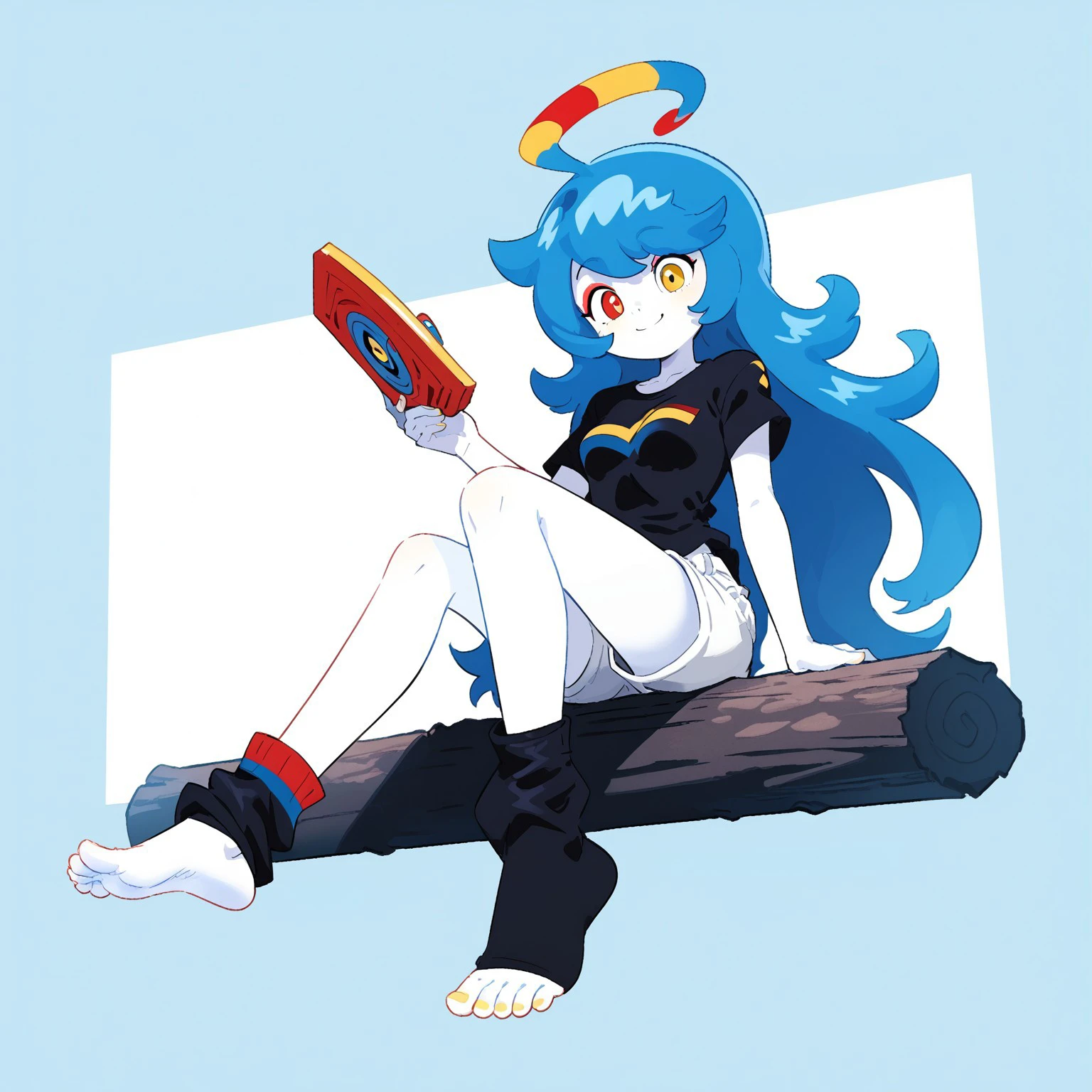 Nelnalium, 1girl, blue hair, colored skin, white skin, sitting, leaning back, full body, holding, smile, unworn socks, multicolored eyes, blue eyes, yellow eyes, red eyes, barefoot, shorts, black shirt, long hair, short sleeves,