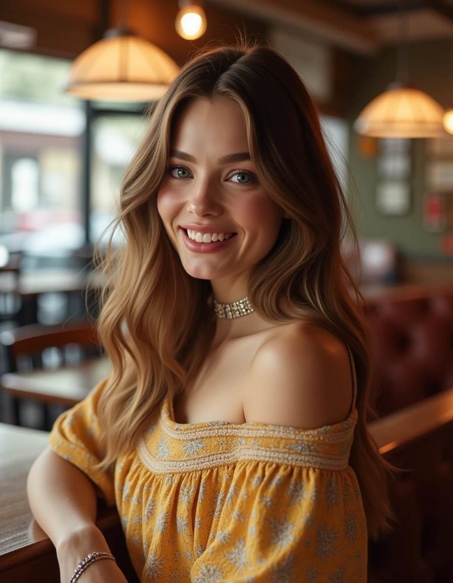 <lora:Kristine_Froseth_Flux:1>  beautiful detailed photograph, Hair cascading over her shoulders, wearing a boatneck dress, standing in a cafe, looking at the viewer, smile