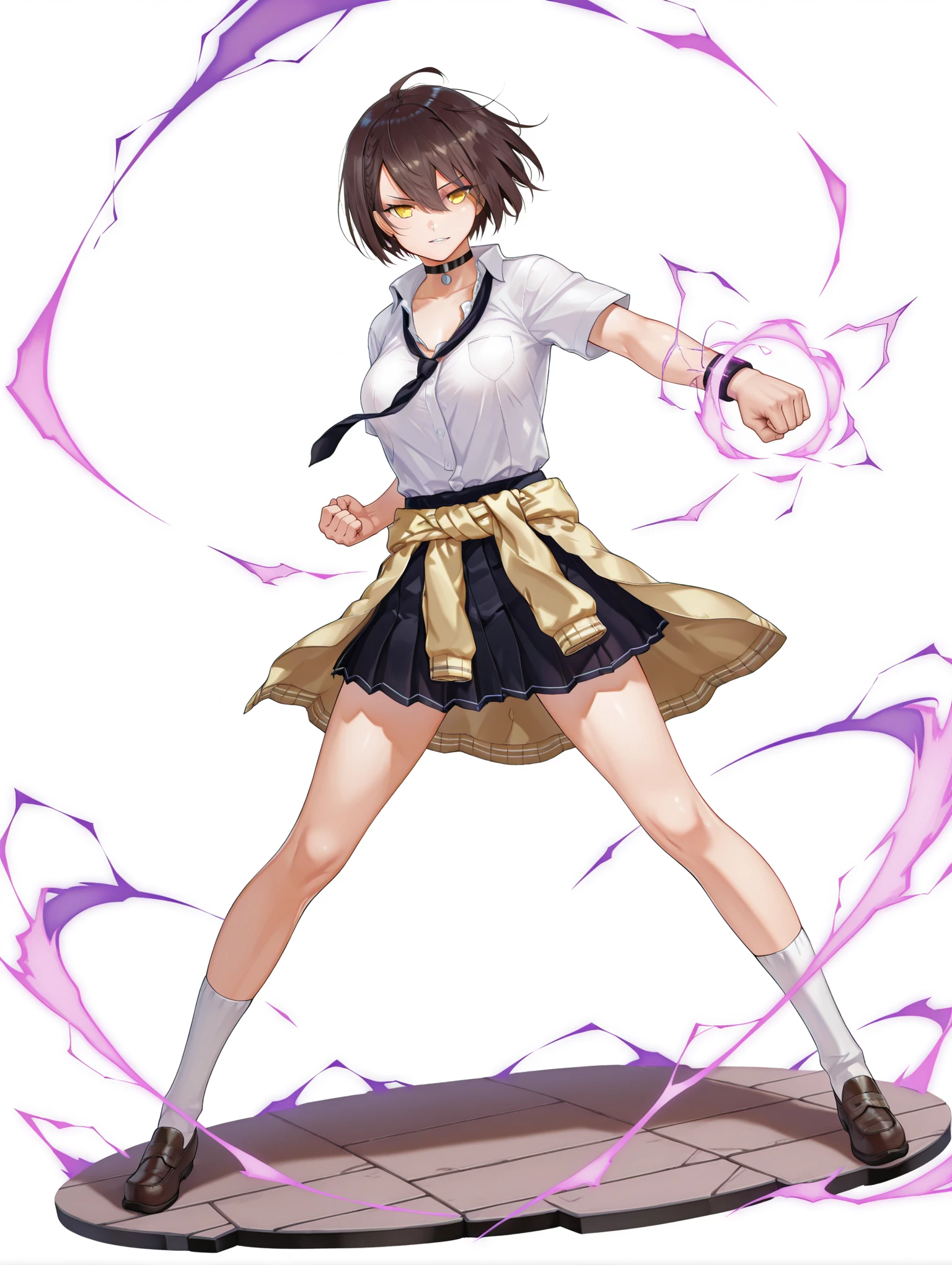 masterpiece,best quality,amazing quality,
solo,1girl,
<lora:baerdimore_ilxl_v1:1>,baerdimore,brown hair,yellow eyes,ahoge,short hair,
b_uniform,choker,white socks,short sleeves,black necktie,clothes around waist,loose necktie,pleated skirt,brown loafer,
full body,
purple electricity,magic,fist,clenched fist,<lora:Fixhands_anime_bdsqlsz_V1:1>,dynamic_angle,cinematic_angle,looking_at_viewer,standing,posing,simple_background,white_background,face_focus,parted lips,smirk,full body,spread legs,fighting_stance,serious,