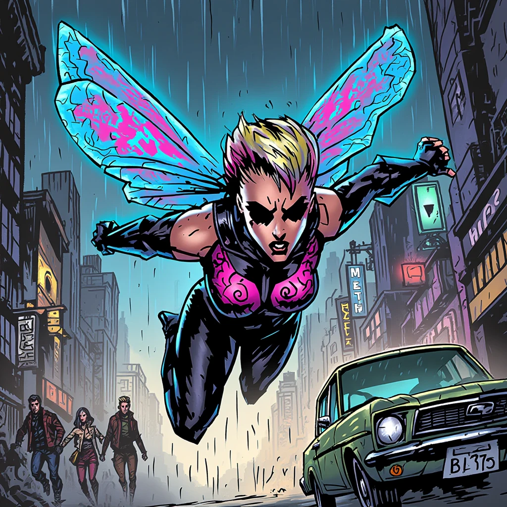 inked comic illustration in dd artstyle, A dynamic action scene in a rain-soaked cyberpunk street, where a winged superheroine with dark empty black eyes and a colorful rainbow-colored sidecut hairstyle is diving through pedestrians and cars at night. Her holographic dragonfly wings emit a bright blue shine featuring intricate pink-glowing patterns. Her sleek, sleeveless, black suit prominently displays pink glowing patterns. She has a determined expression as her arms are extended and angled behind her.