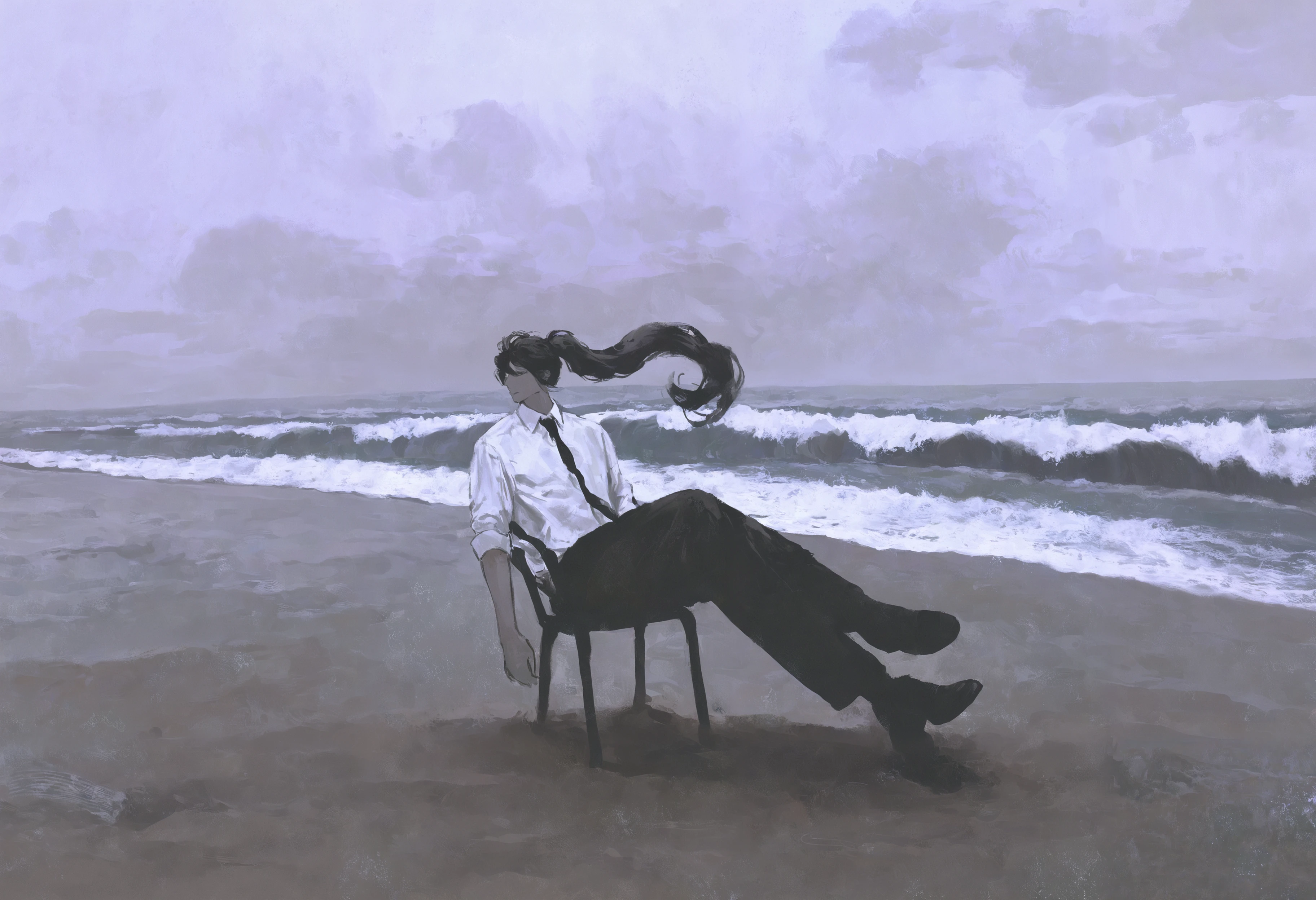 masterpiece, highres, absurdres, newest, very awa, painting (medium), wide shot, cinematic shot,  1boy, solo, beach, shirt, necktie, white shirt, long hair, black necktie, ponytail, crossed legs, ocean, grey sky, sleeves rolled up, collared shirt, pants, floating hair, black pants, waves, outdoors, sitting,  <lora:spo_sdxl_10ep_4k-data_lora_webui>,  <lora:NOOB_EPSv1_1_detailer_by_vlnvk_v1_0>, <lora:noobai_ep11_stabilizer_v0.30_fp16>, <lora:shiej007>