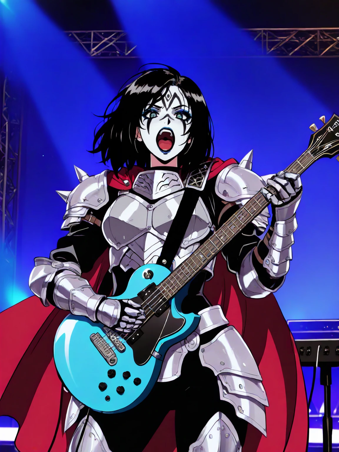 masterpiece, best quality,vector art,
cowboy shot,looking at viewer,1girl,solo,
edgK1ZZ,  open mouth, black hair,  jacket,cape, armor, instrument, Gibson Les Paul (music), spikes, singing, playing instrument, electric guitar, stage, concert ,wearing edgK1ZZ_(facepaint, makeup, facial marks)
 <lora:edgIWMFLYILS:0.75>