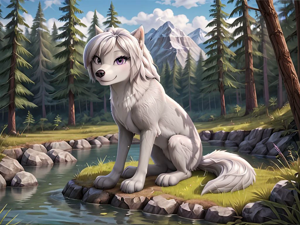 ((feral)), quadruped, wolf in detailed forest on lake, female, detailed silver-gray and white fur, lilly wolf, fluffy fur, (lavender eyes), female, smile, solo, detailed eyes, anatomically correct, body correct, (sitting), cute, wolf tail correct, three-fingered paws, full body, beautifull effect, <lora:LillySDXL1:0.8>