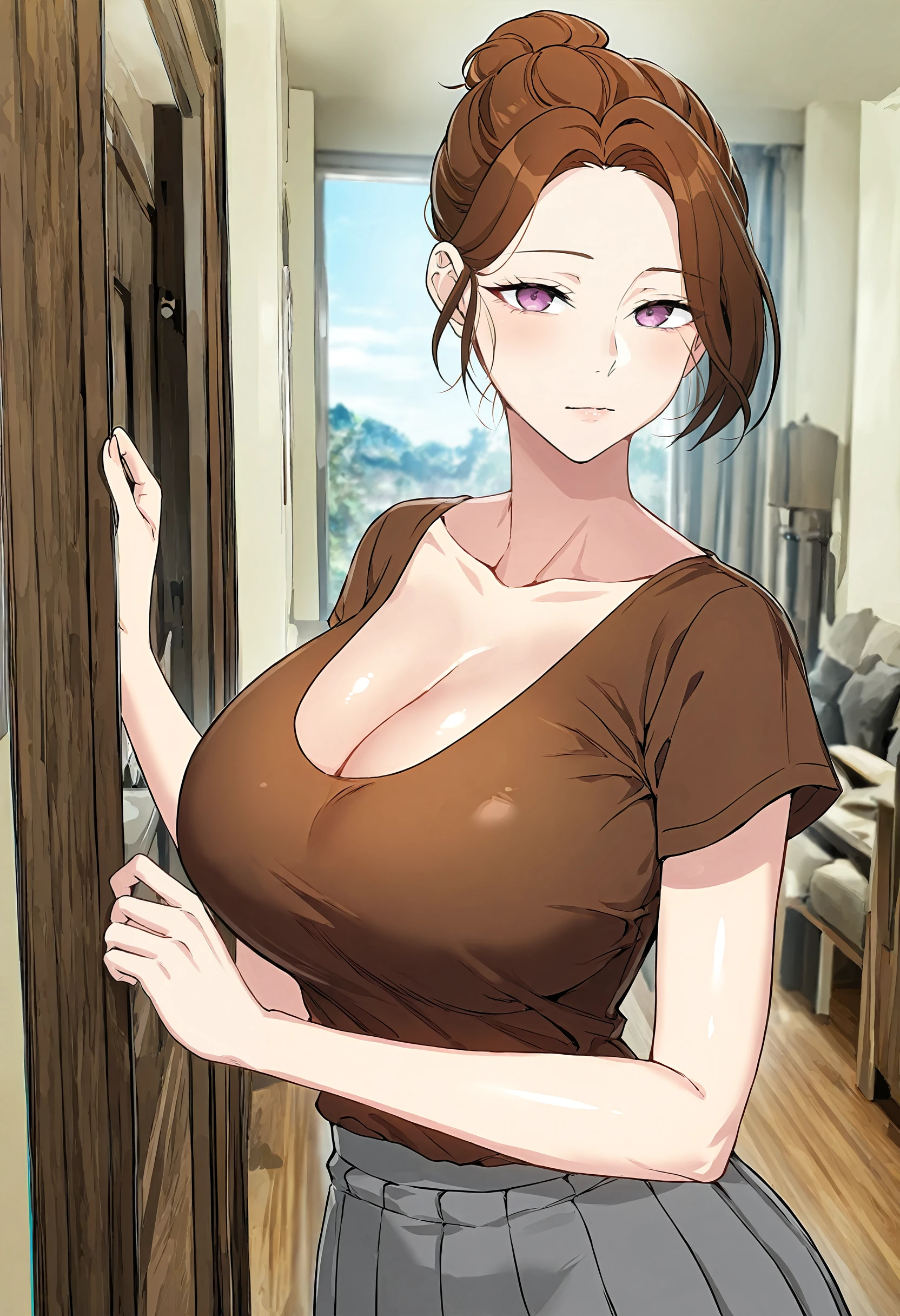 masterpiece, best quality, amazing quality, very aesthetic, absurdres, newest, scenery, 1girl, (solo:1.1), huge breasts,<lora:Jung Eun-ea illustxl:0.9>brown hair, mature female, purple eyes, short hair, single hair bun, brown shirt, cleavage, collarbone, short sleeves, pleated skirt, grey skirt, miniskirt, upper body, standing, living room, inside, looking at viewer, shiny skin, masterpiece, best quality, amazing quality, very aesthetic, absurdres, newest, scenery