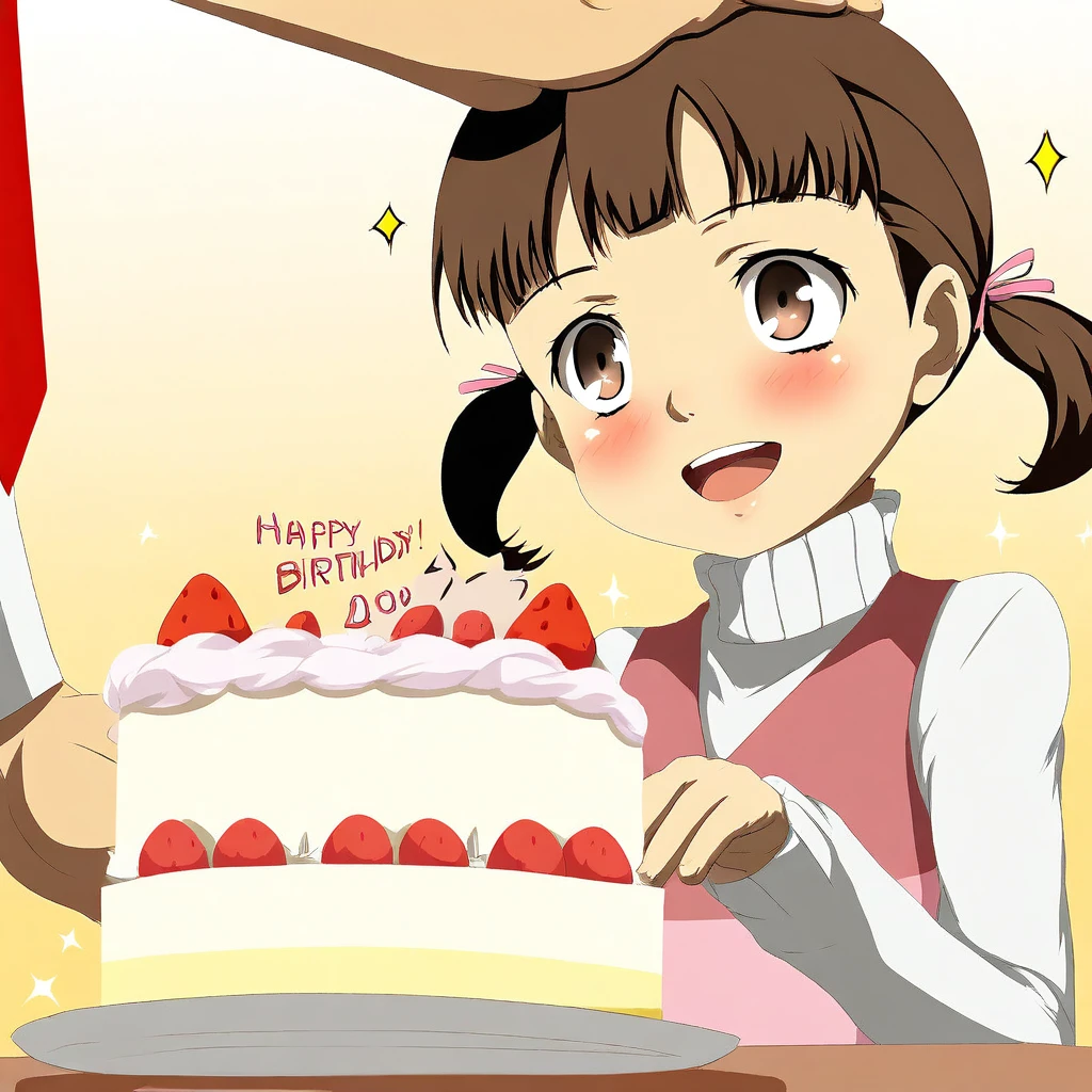 anime coloring, masterpiece, 1440p, 8k, UHD, amazing quality, high resolution, Nanako_Doujima, 1girl, solo focus, food, cake, twintails, brown hair, brown eyes, birthday cake, smile, open mouth, birthday, happy birthday, hair ribbon, fruit, strawberry, necktie, petite, ribbon, red necktie, plate, :d, blush, sparkle, shirt, slender, turtleneck, hand on another's head, bangs, short twintails, solo focus