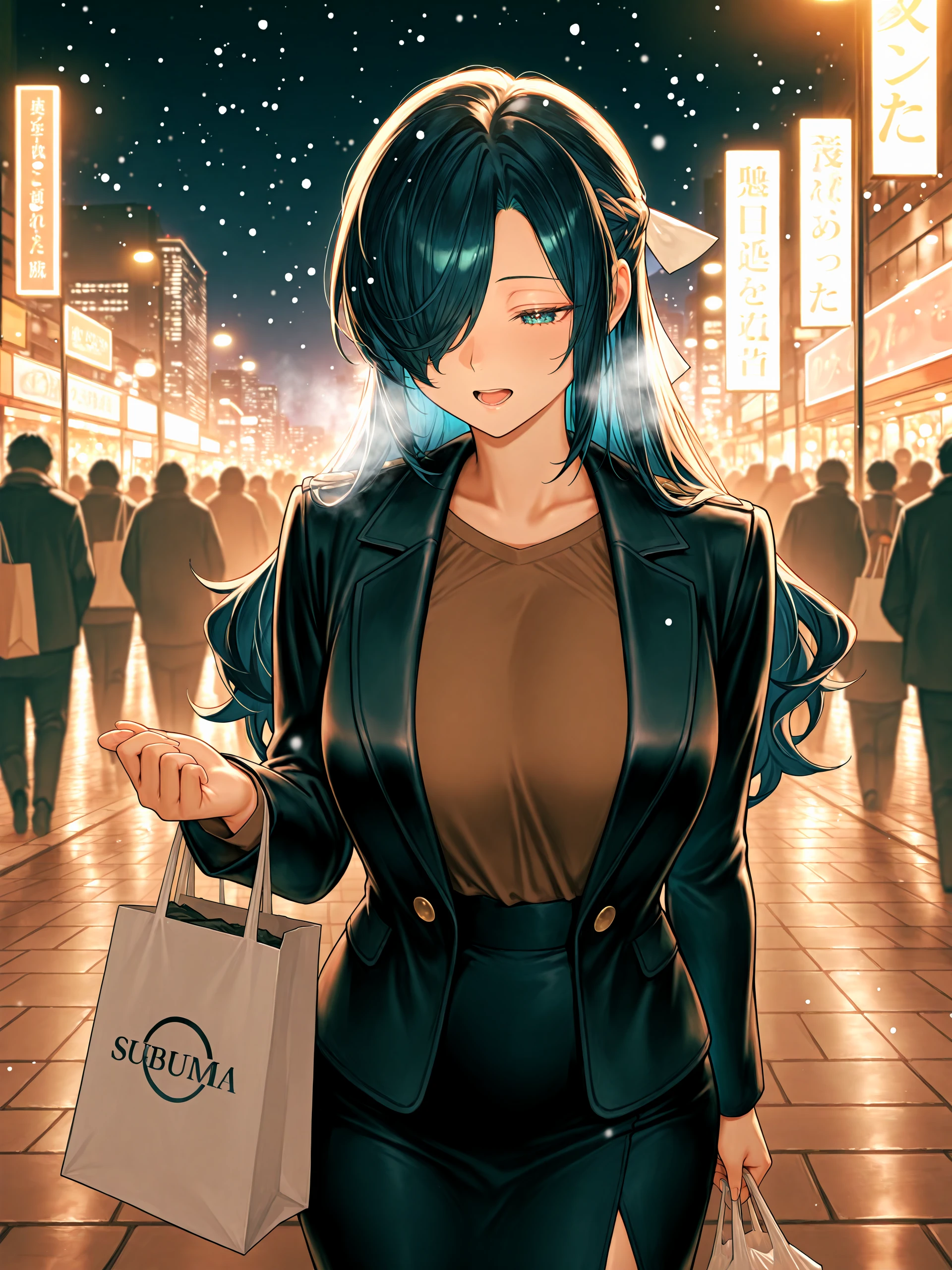 1girl, <lora:fubuki39:1>, fubuazuma, hair bow, brown shirt, black jacket, skirt, shopping bag, open mouth, breath, cowboy shot, 
city background, sidewalk, crowd, lights, nighttime, volumetric lighting, snowing,
high resolution, ultra-detailed, absurdres, masterpiece, best quality, good quality, newest