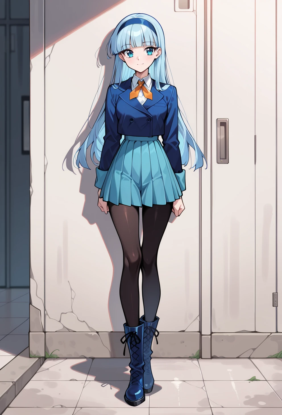 masterpiece, best quality, high quality, anime, solo, 
 <lora:AEUmiIlx:1>
AEUmiDef, blue eyes, blue hair, blunt bangs, long hair, blue hairband, school uniform, blazer, blue jacket, long sleeves, collared shirt, orange ribbon, white shirt, blue skirt, pleated skirt, black pantyhose, blue footwear, boots,
standing, light smile,