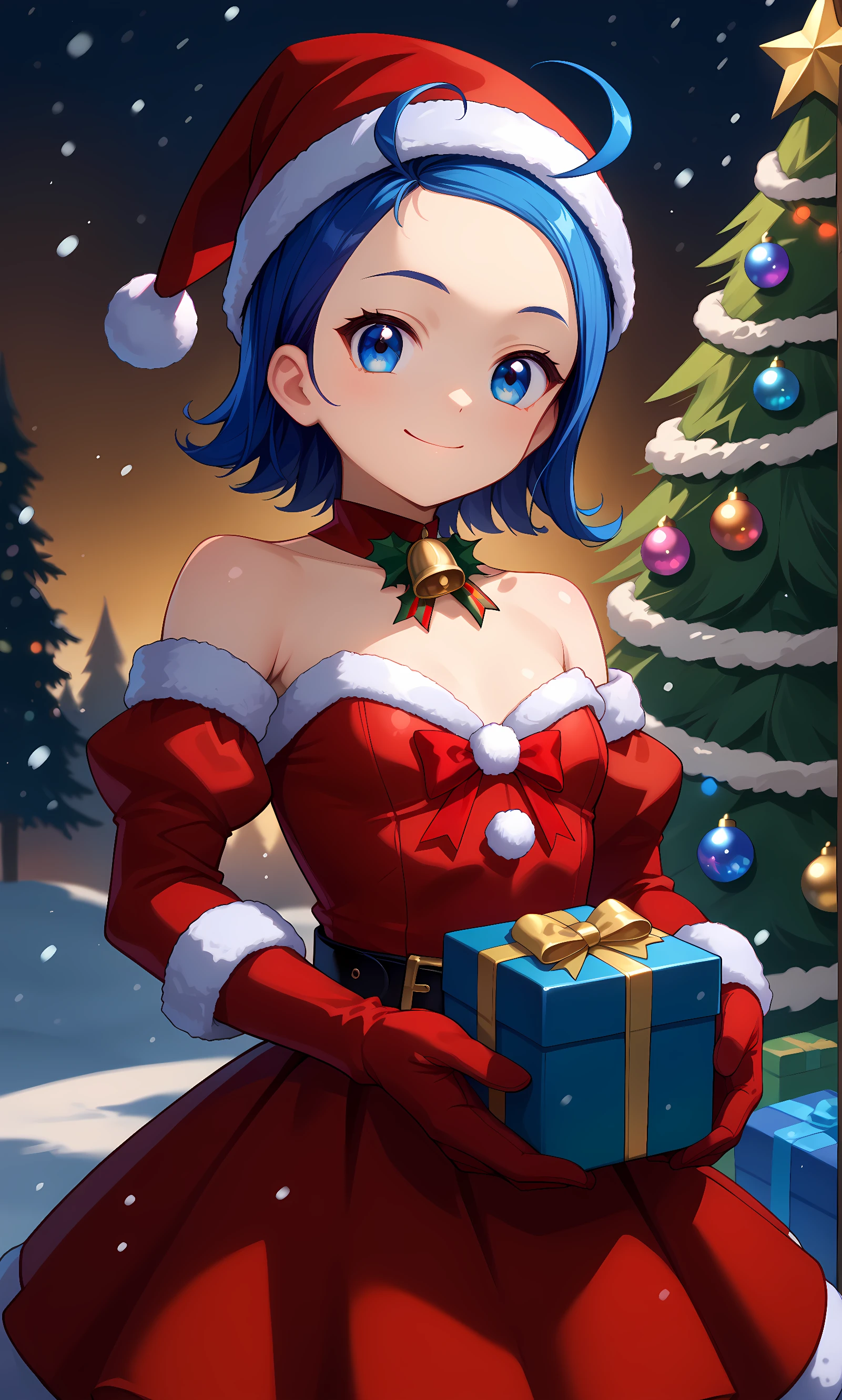 score_9, score_8_up, score_7_up, source_anime, 1girl, solo, outdoors, cowboy shot, looking at viewer, shiny skin, close-up,  standing, senoo_aiko, ahoge, blue eyes,blue hair, short hair, forehead,  santa hat, santa dress, strapless dress, off shoulder, bare shoulders, red skirt, frills, black belt, pom pom (clothes), red dress, puffy long sleeves, red gloves, christmas tree, snow, incoming gift, holding gift, gift box, smile, closed mouth