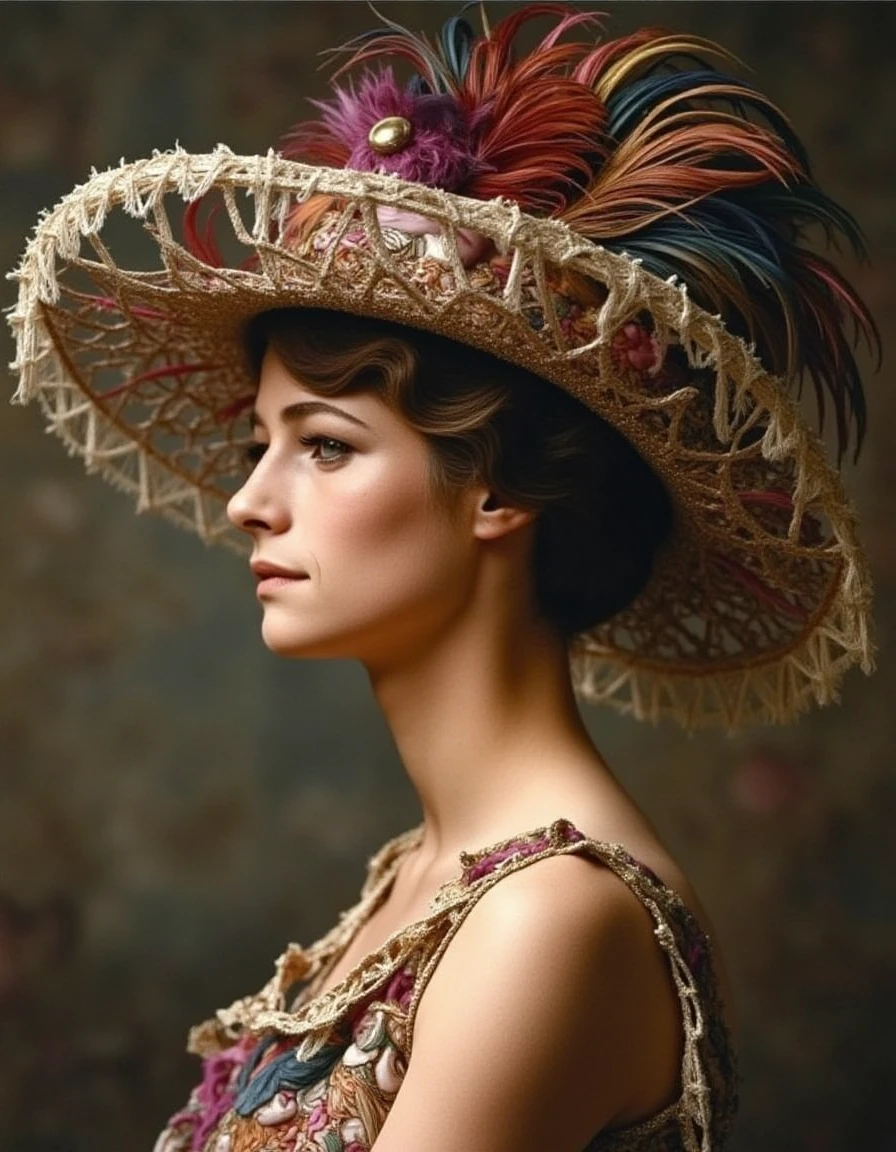 <lora:charlotte-rampling-flux:1.1> the, her, woman, and, has elegant classic 1900s portrait giant elegant elaborate hat with colorful feathers low neck line showing bosom