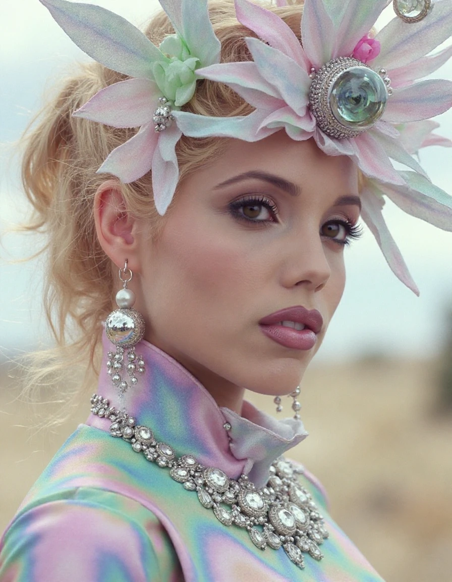 A beautiful female country artist wearing a pastel sleek futuristic outfit with a huge headpiece center piece. She has clean makeup and is captured in vivid colors, embodying the essence of fantasy and a minimalist, fantastical edgy and regal themed outfit, with depth of field woman,<lora:a_Turbo-Alpha:1>,<lora:Elizabeth_Berkley:1>,