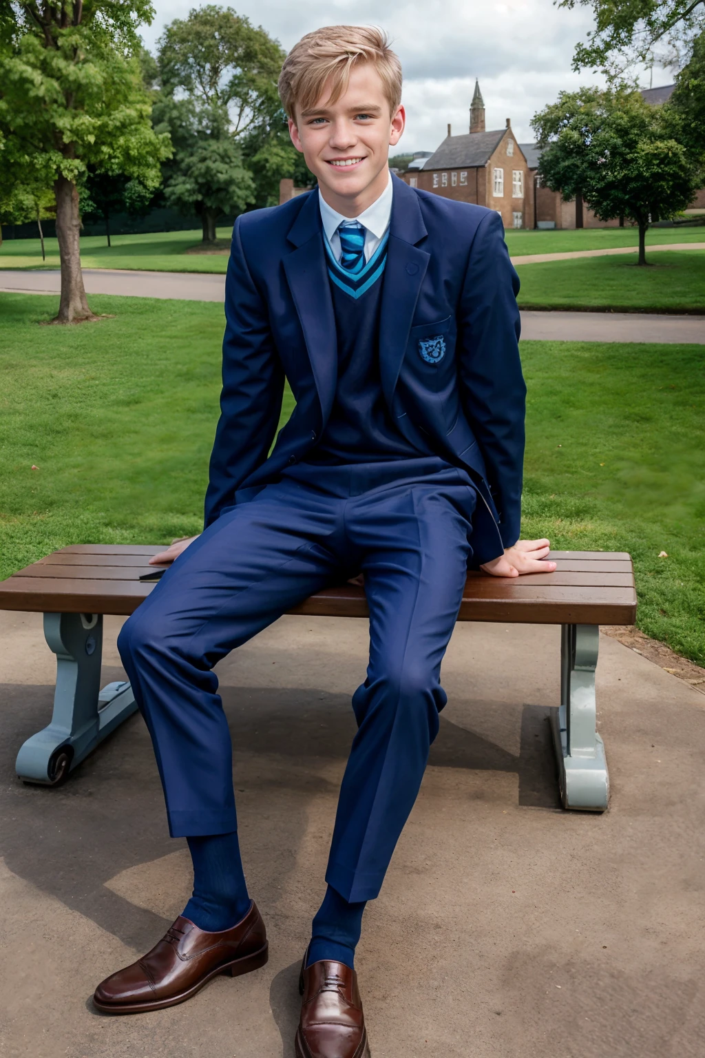 British private school in the background, sitting on a picnic bench, smiling, blond hair, ScottFinn, wearing blue heartstopper uniform, slacks, dark blue socks, brown dress shoes, (((full body portrait))), wide angle  <lora:ScottFinn:0.8> <lora:heartstopper_lora:0.85>