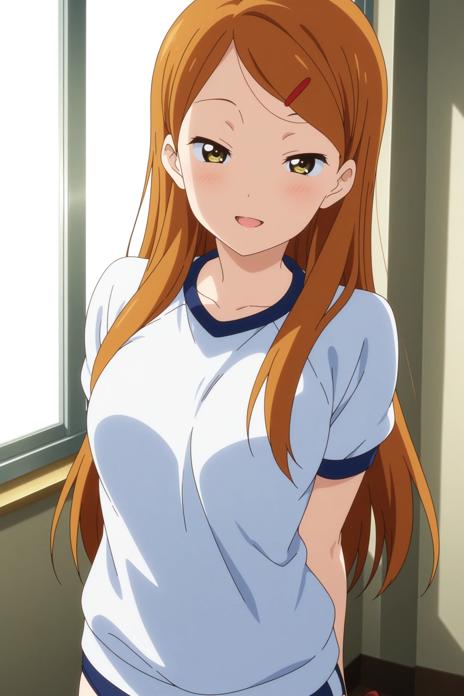 masterpiece, best quality, amazing quality, highres, absurdres, very aesthetic, high resolution, ultra detailed, perfect details, 1girl, solo, house, indoors, day, medium breasts, sokabe megumi, long hair, orange hair, red hairclip, yellow eyes, gym uniform, blue buruma, white kneehighs, uwabaki, <lora:Megumi_Sokabe_ILXL:0.8>, (upper body:1.2), anime coloring, anime screencap, (pose:1.2), seductive smile, looking at viewer, open mouth