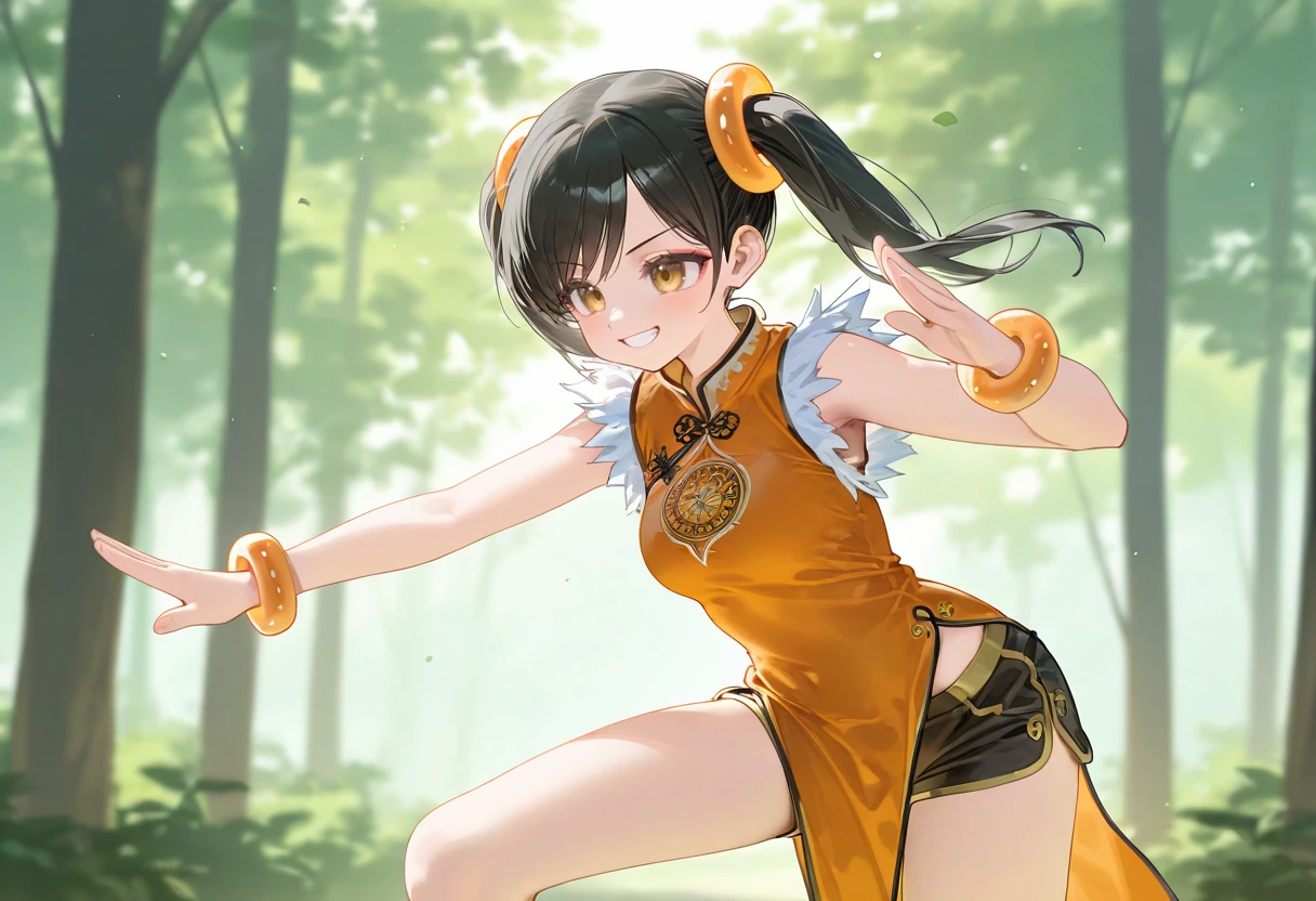 masterpiece, best quality, amazing quality, very aesthetic, newest, general,
solo, ling xiaoyu, tekken, brown eyes, black hair, long hair, twintails, medium breasts, smile,
china dress, short shorts, pelvic curtain, bracelet, standing, fighting stance,
outdoors, forest,
(ningen mame:0.65), (ciloranko:0.7), (blvefo9:0.4), (ebifurya:0.55), (ke-ta:0.5), (ikeda kazumi:0.25), (zen \(kamuro\):0.55), (ishikei:0.3), <lora:nyalia:0.3>, <lora:dj_sloppa_ill_v2:0.4>,