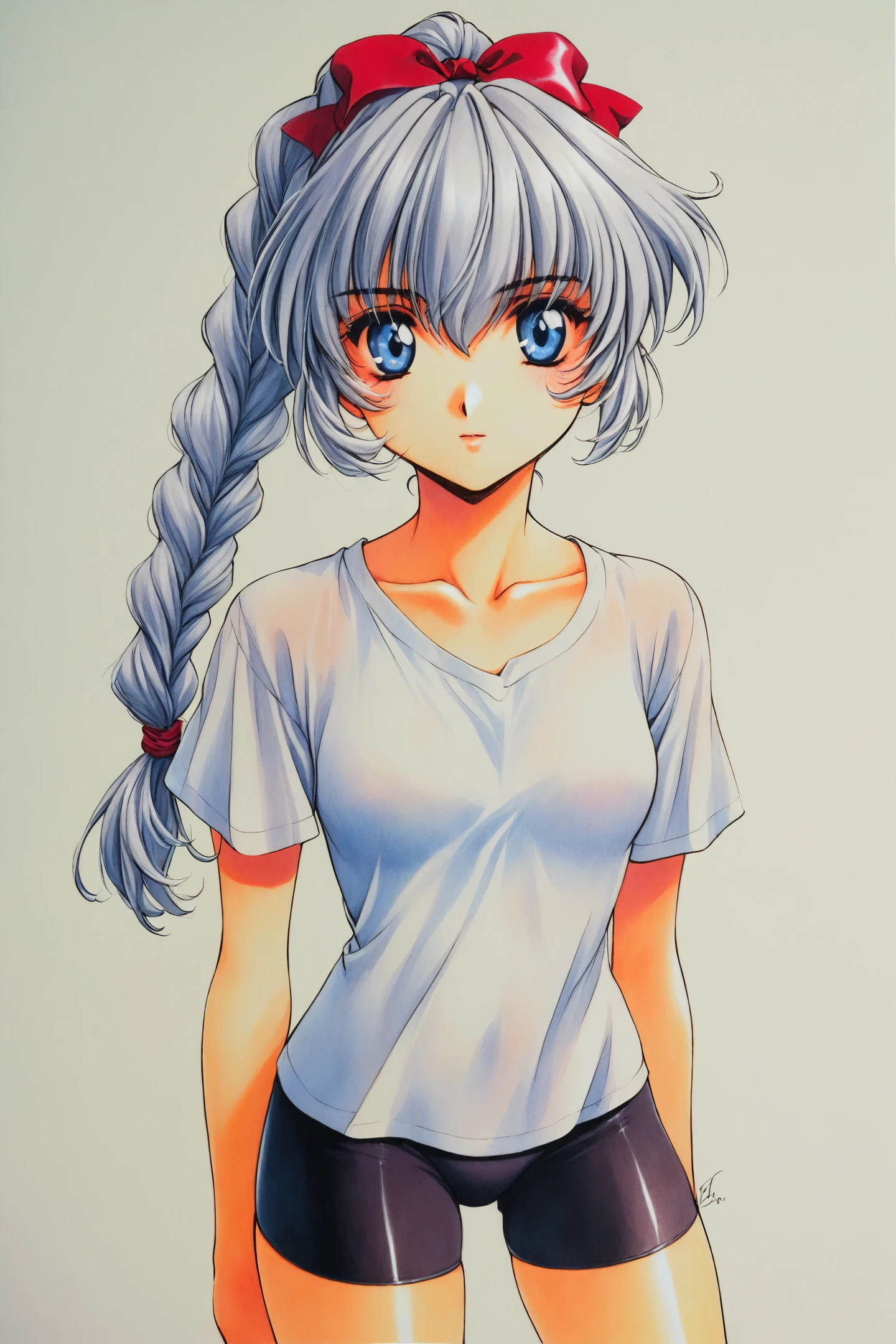 Teletha Testarossa,1girl,solo,grey hair,blue eyes,bike shorts,red bow,braided ponytail,white shirt,t-shirt,collarbone,standing,looking at viewer,simple background,white background,traditional media,
<lora:Shiki Doji_illustriousXL:0.8>,