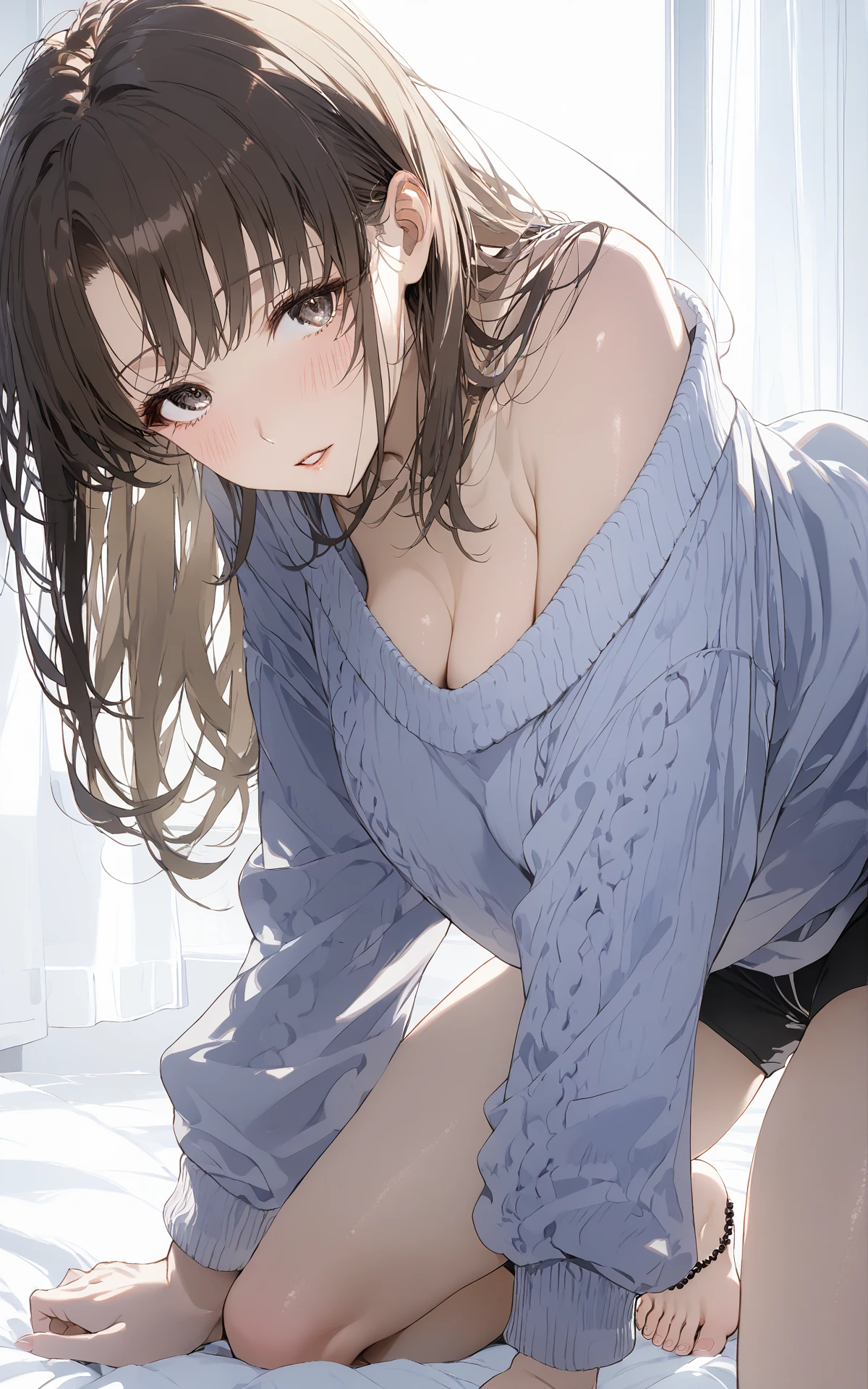 1 katou megumi\(saenai_heroine_no_sodatekata\),solo,looking at viewer,expressionless,amazing quality,
1girl,<lora:KMpony_XL:1>, shy,
1girl, muted color palette, soft and subtle tones, delicate lighting, ethereal atmosphere, full-length portrait, elegant and poised posture, detailed and intricate textures, harmonious composition, sensual and relaxed outfit, oversized off-the-shoulder sweater, loose and draped fit, revealing one shoulder, paired with high-waisted, form-fitting lounge shorts, barefoot with a delicate anklet, soft glowing skin, minimalistic jewelry, cozy yet seductive look, soft and breathable fabrics, neutral and earthy colors, effortless allure with a touch of intimacy, relaxed and inviting atmosphere, natural and unembellished beauty, blending comfort with sensuality, languid and enticing pose, slightly parted lips, half-lidded eyes,