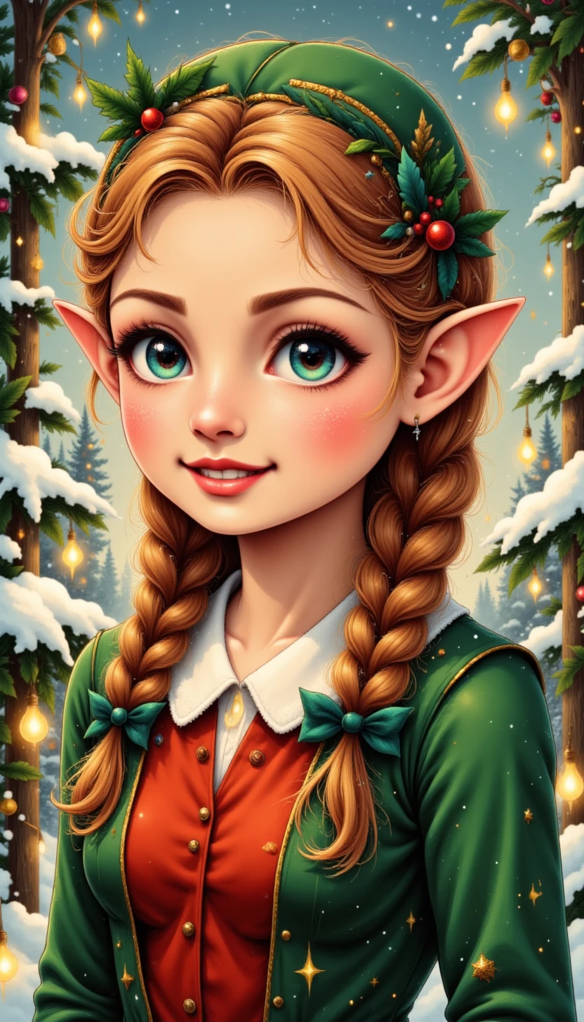 pinkdarkinkchristmas, 

A Christmas elf with sparkling green eyes and braided golden hair, wearing a vibrant green and red outfit, surrounded by glowing holiday lights and mistletoe.