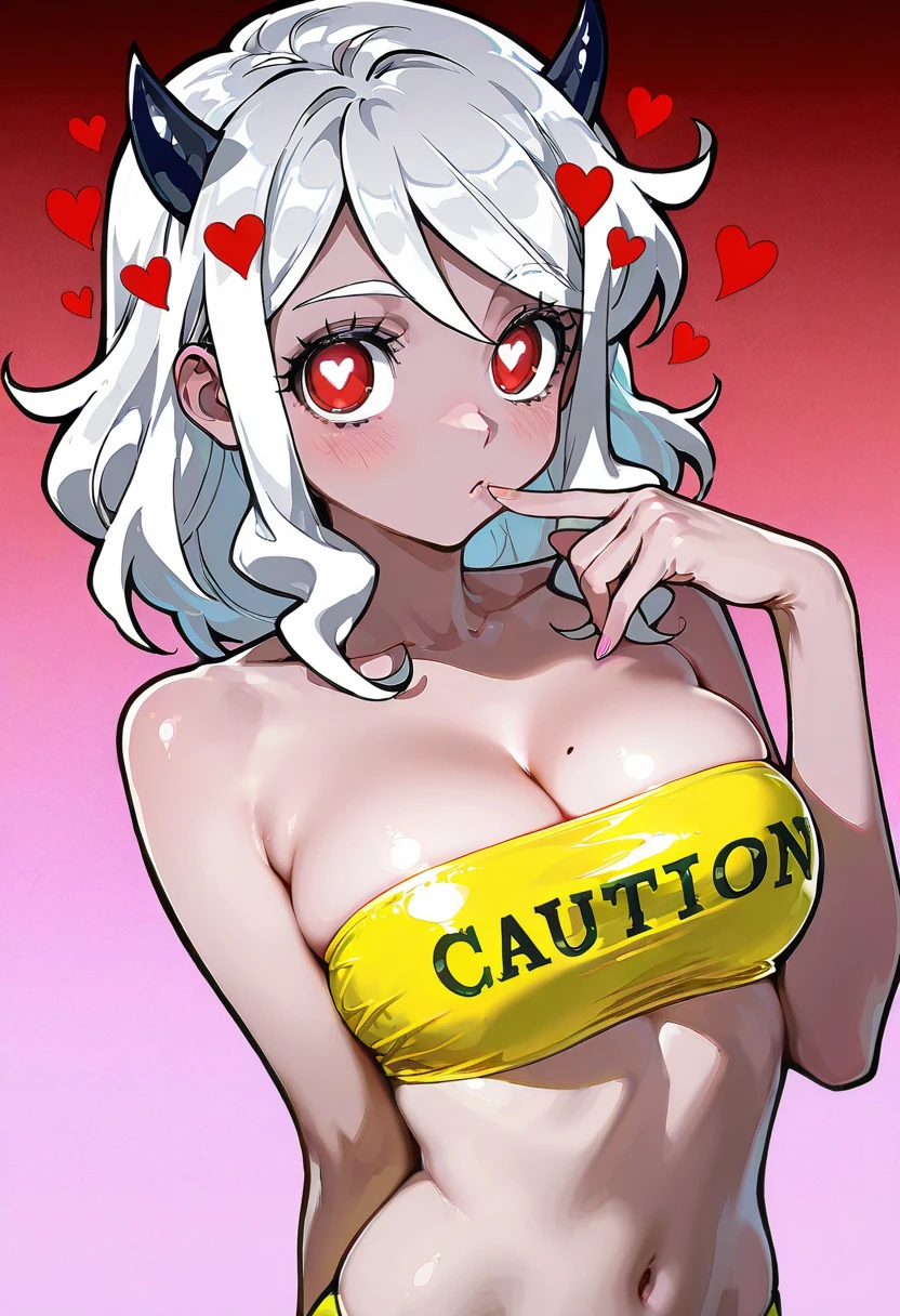 1girl,solo,modeus_(helltaker), heart, caution bikini,bandeau,tube top, ikeda ruriko