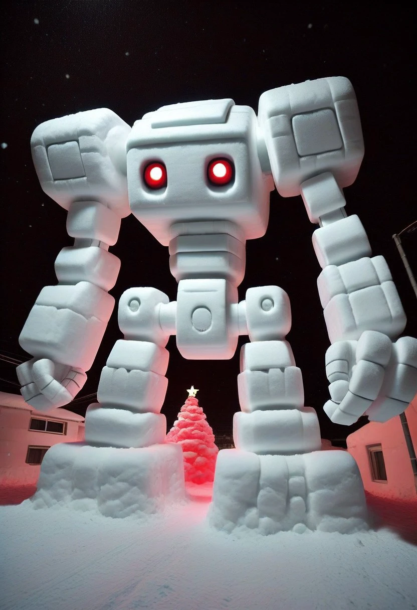 amateur photography, made of snow, SN0W, best quality, photorealistic, robot, giant, gigantic, colossal, low angle, snow, mecha, red light, night, snow blocks, kawaii, cute