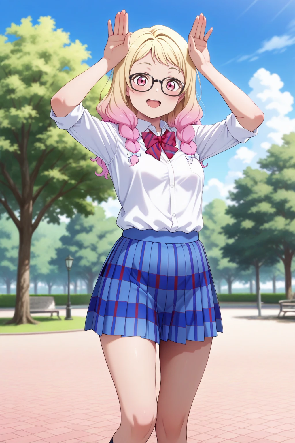 masterpiece, best quality, amazing quality, very aesthetic, absurdres, photorealistic, 1girl, solo,
<lora:oninatsu_izo_IL:1>, oninatsu, pink hair, blonde hair, multicolored hair, gradient hair, pink eyes,
small breasts, otonokizaka school uniform, white shirt, collared shirt, sleeves rolled up, shirt tucked in, diagonal-striped bow, diagonal-striped bowtie, plaid skirt, red bowtie, blue skirt, thighs, black-framed eyewear,
open mouth, smile,
blush, looking at viewer, standing, rabbit pose, hands up,
blurry background, outdoors, blue sky, clouds, tree, park,